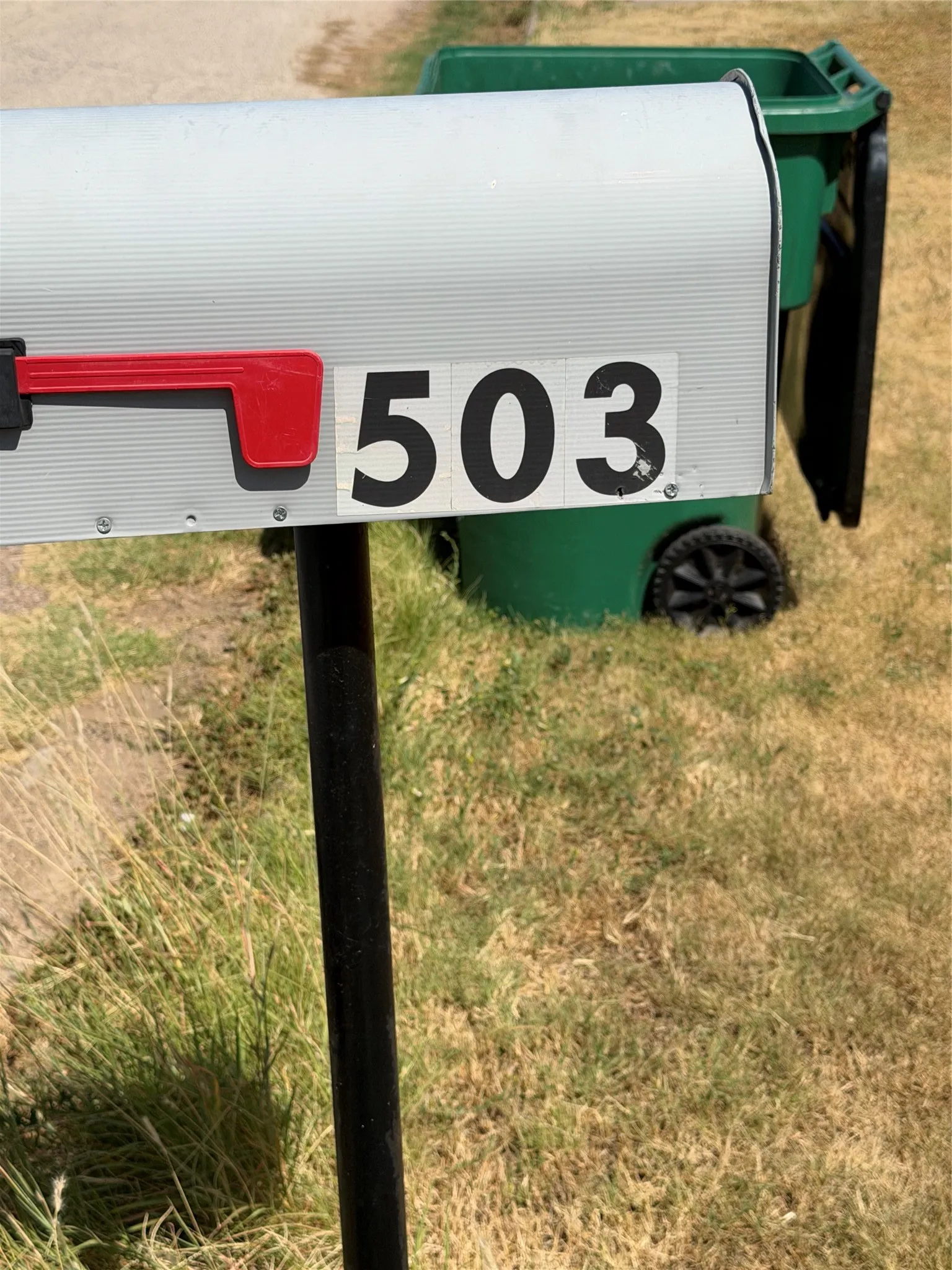 Property address identification showing the roadside mailbox post.