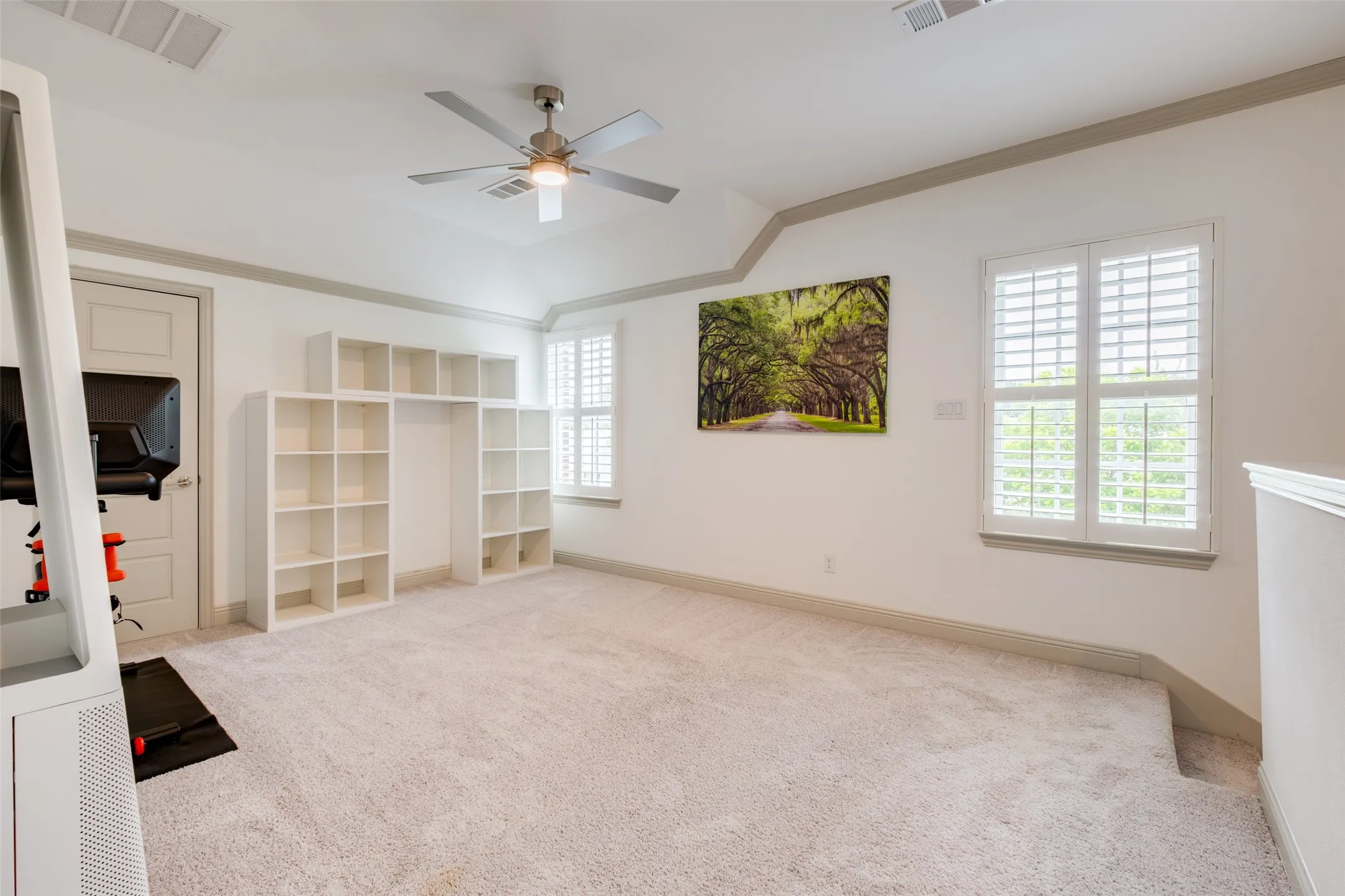 
Game room with crown molding and ceiling fan