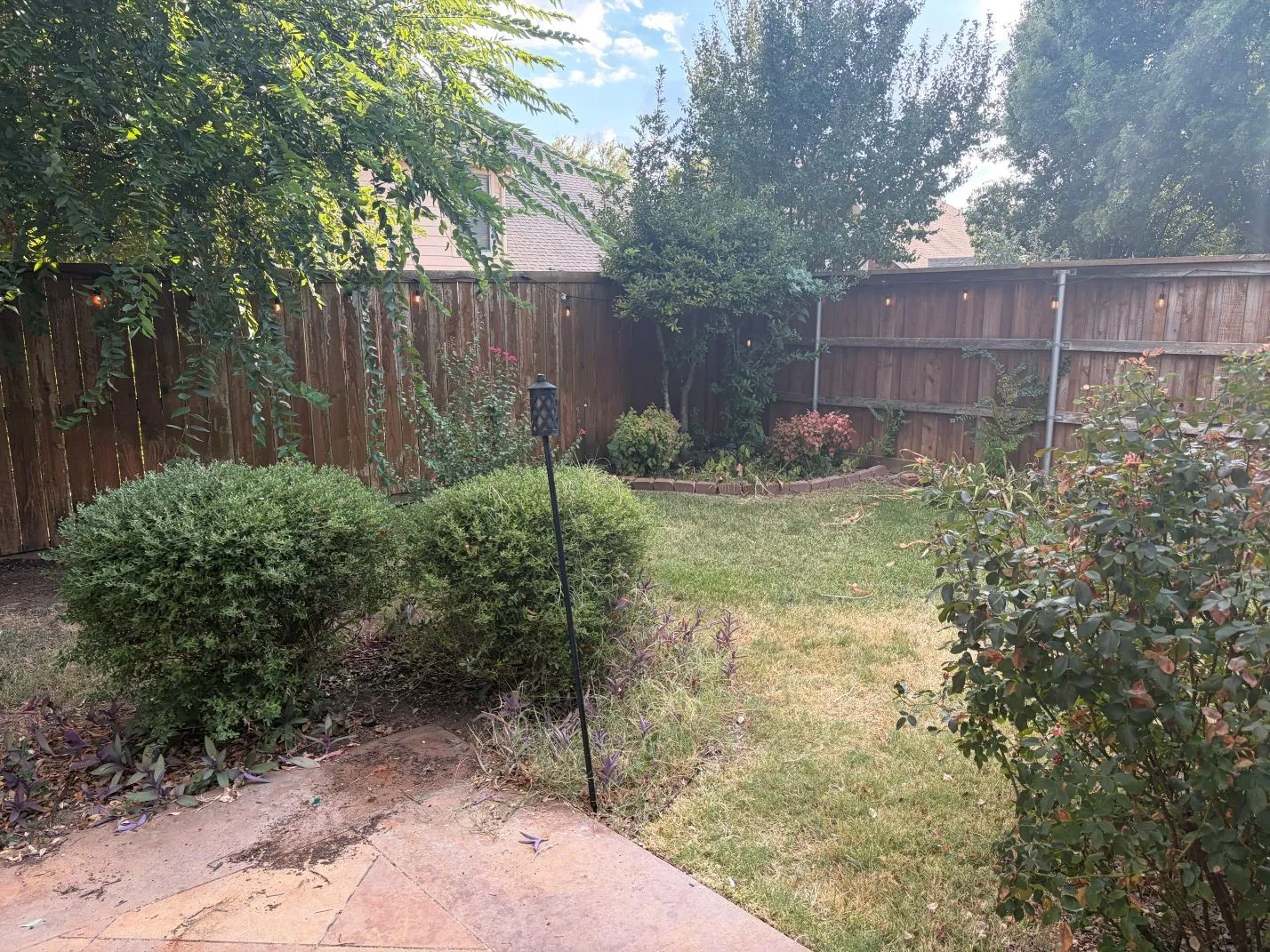 Fenced backyard featuring mature shrubbery, a manicured lawn, and a stone patio