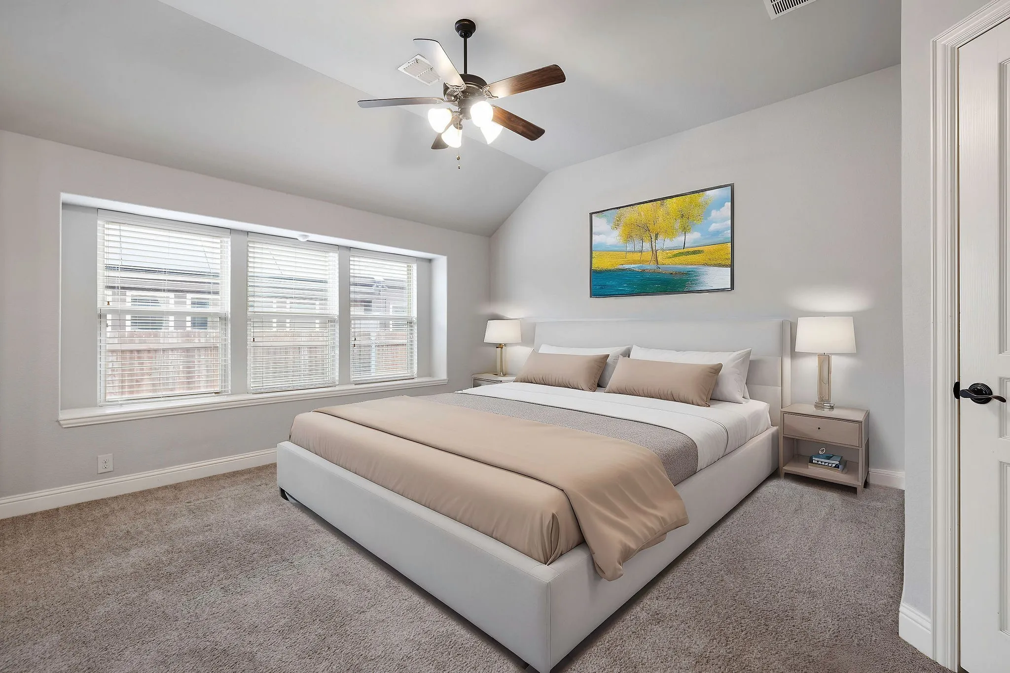 Virtually Staged Bedroom featuring carpet, lofted ceiling, and baseboards