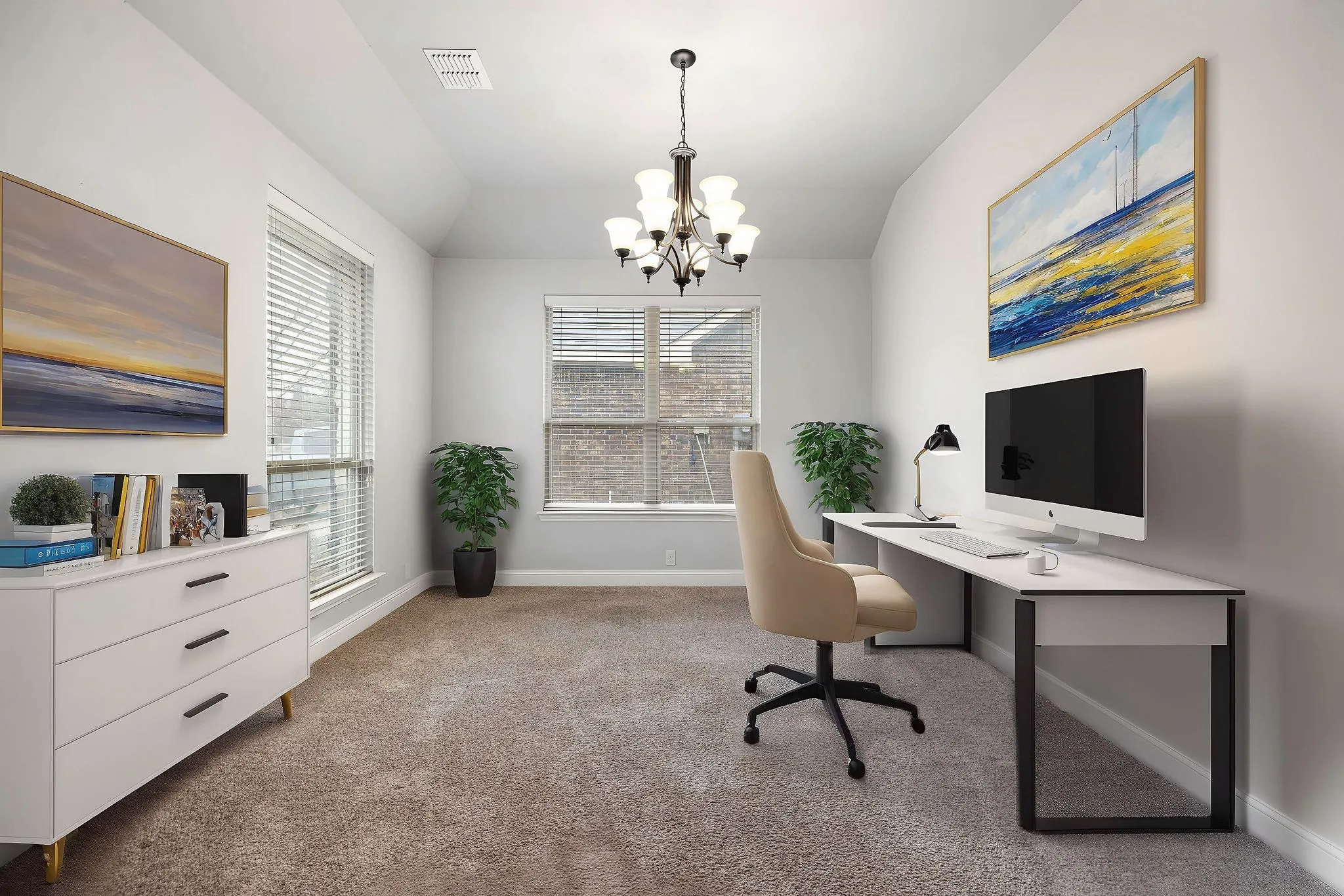Virtually Staged-Office area with carpet flooring, a notable chandelier, visible vents, baseboards, and lofted ceiling