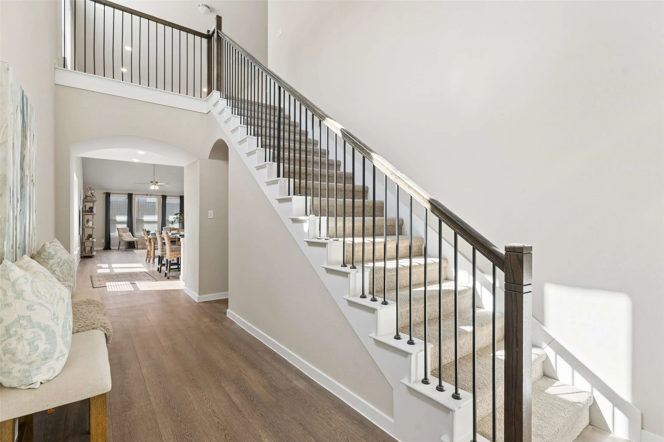 Two-story entry featuring wood-finish flooring, a carpeted staircase with dark wood-finish handrails, and black metal balusters