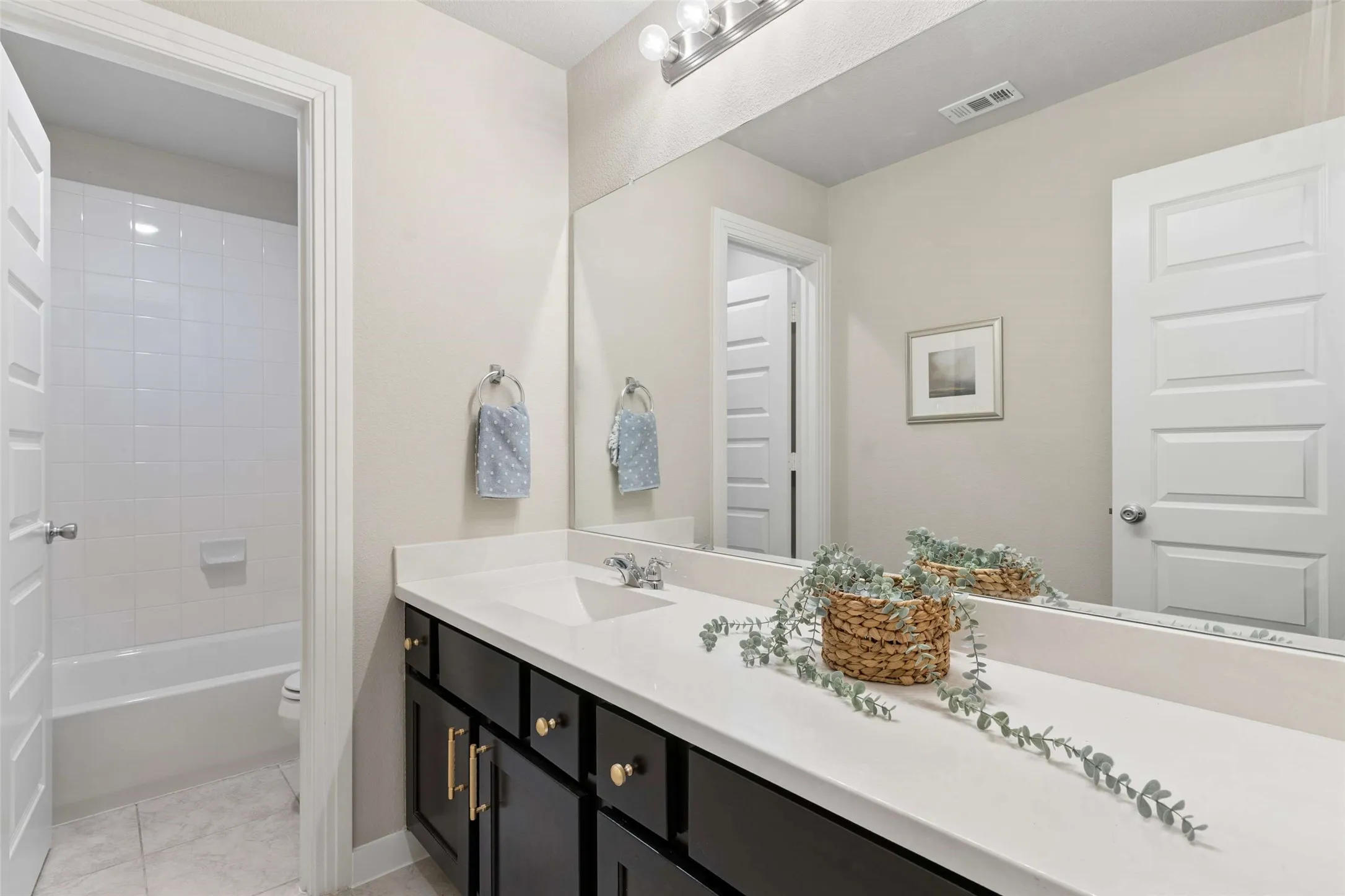 Bathroom featuring a dark wood vanity with gold-tone hardware, a light-toned countertop, and a wall-mounted mirror