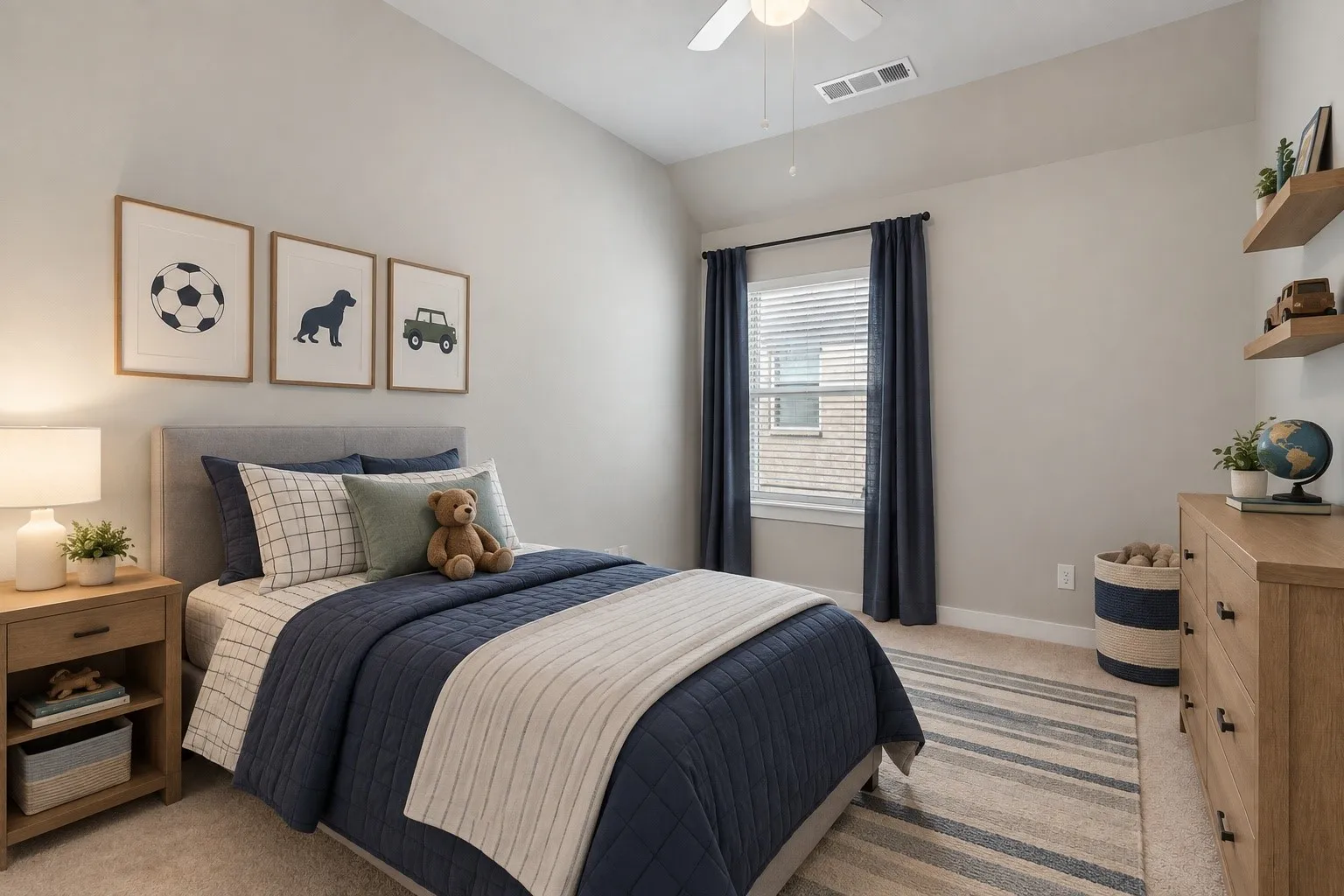 Plush carpet flooring, a window with blinds, a ceiling fan, and built-in wall shelving
