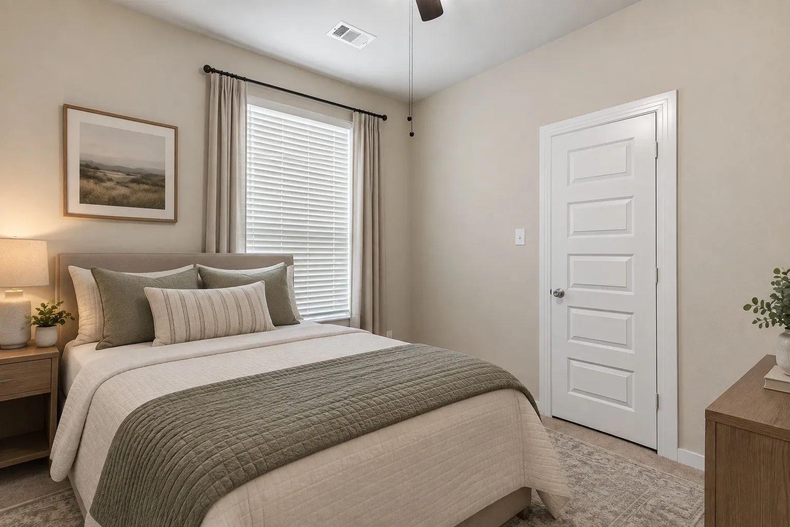 Window with white blinds, neutral wall paint, ceiling fan, and paneled door