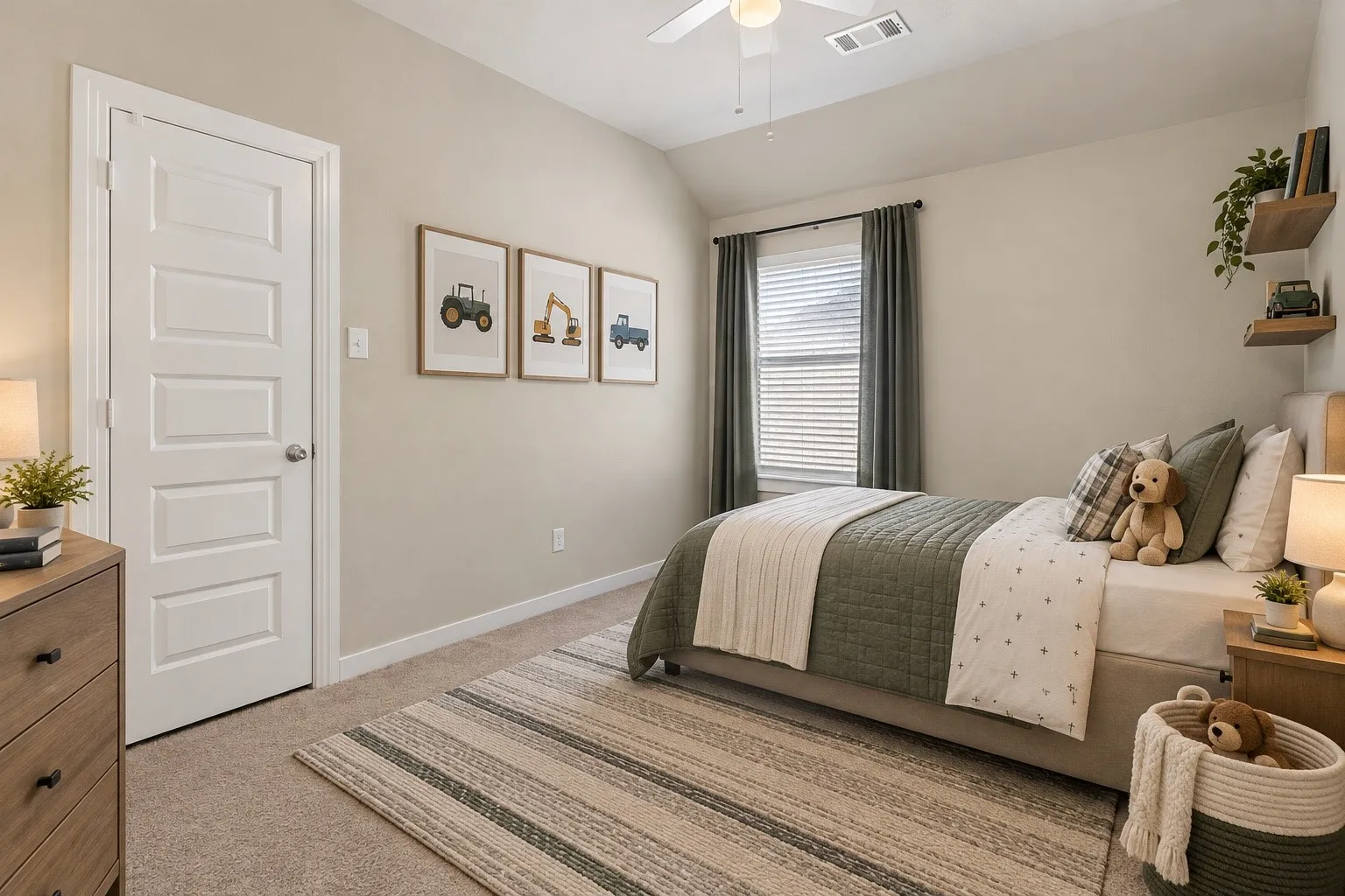 Recessed window with blinds and dark-toned drapery
