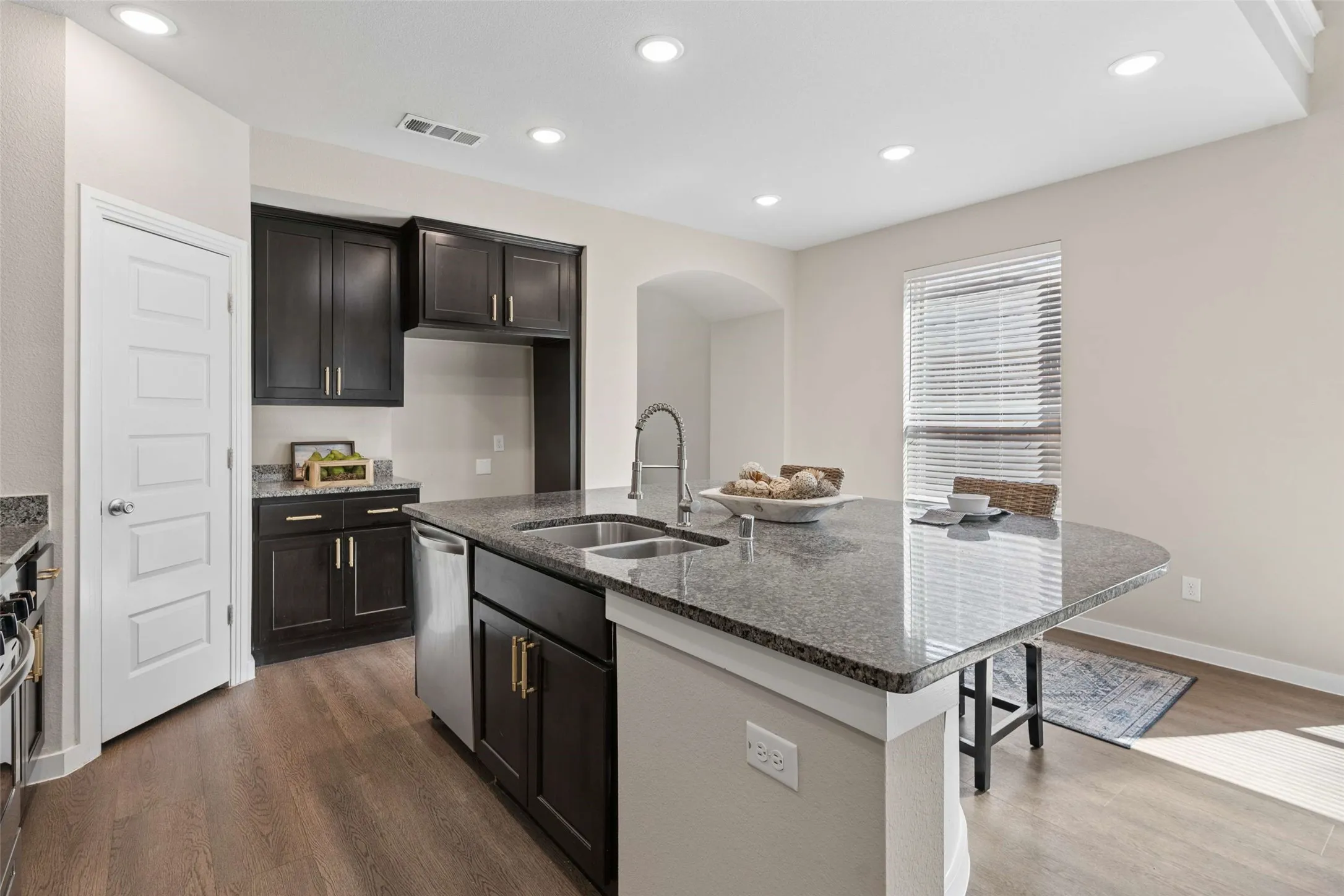 Kitchen featuring wood-finish flooring, dark wood cabinetry, stainless steel appliances, a double basin sink, and recessed lighting