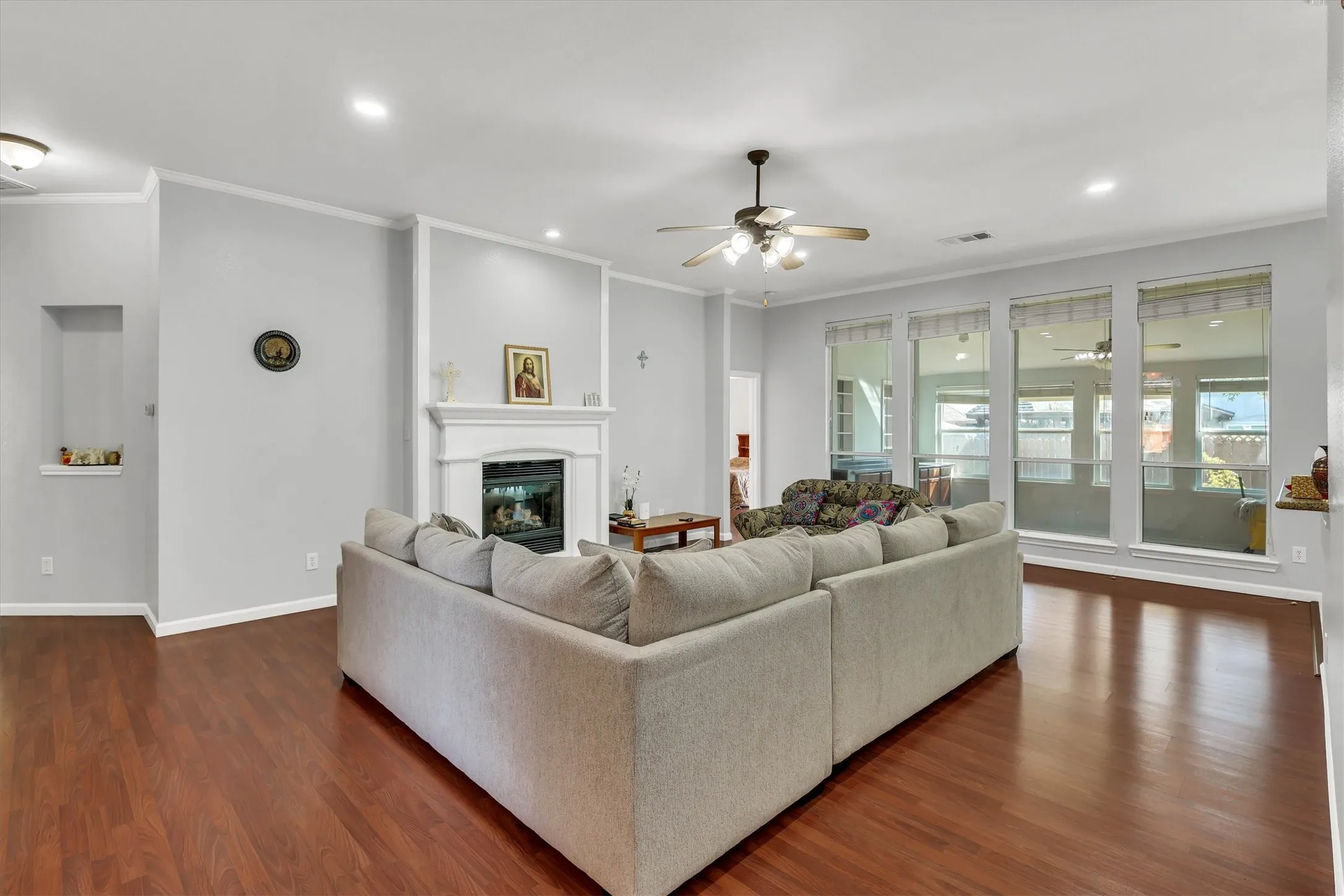 Wood-finish flooring throughout the space