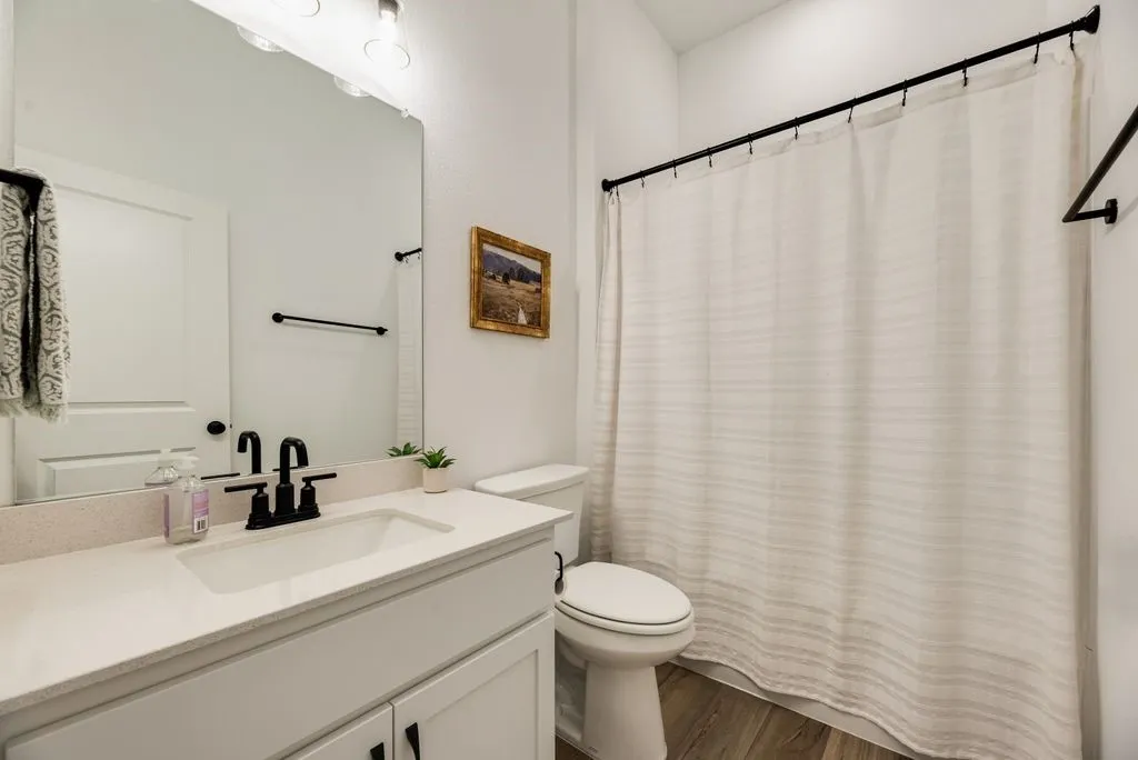 White vanity with a neutral countertop, black fixtures, wood-finish flooring, and a shower curtain rod