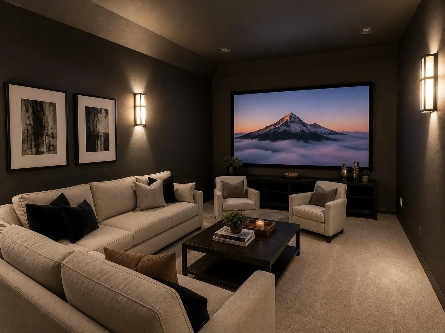 Expansive media room featuring a large projection screen, recessed lighting, wall-mounted sconces, and neutral-toned wall-to-wall carpeting