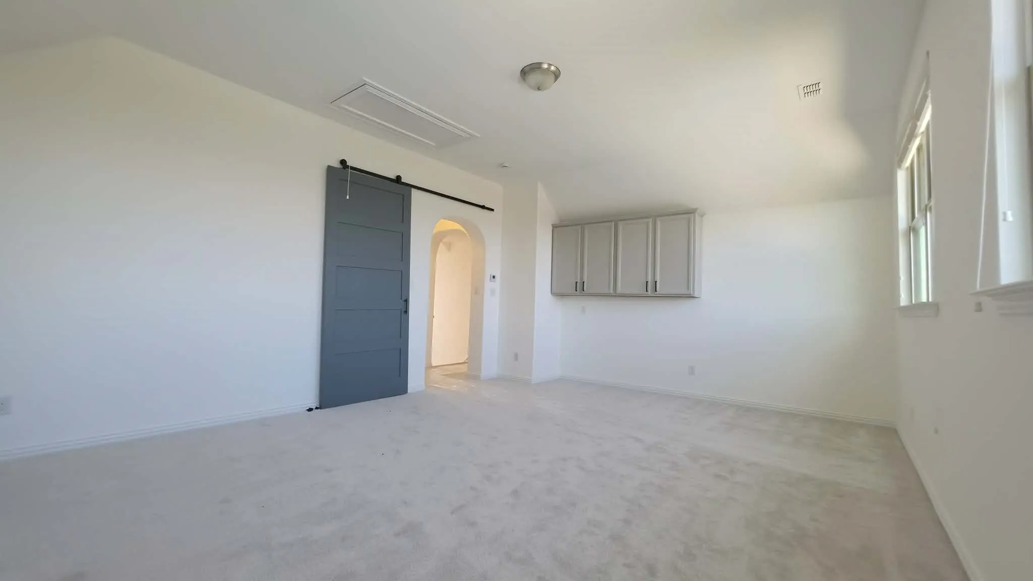Spacious room featuring carpeting, a sliding barn door, upper cabinetry, and multiple windows