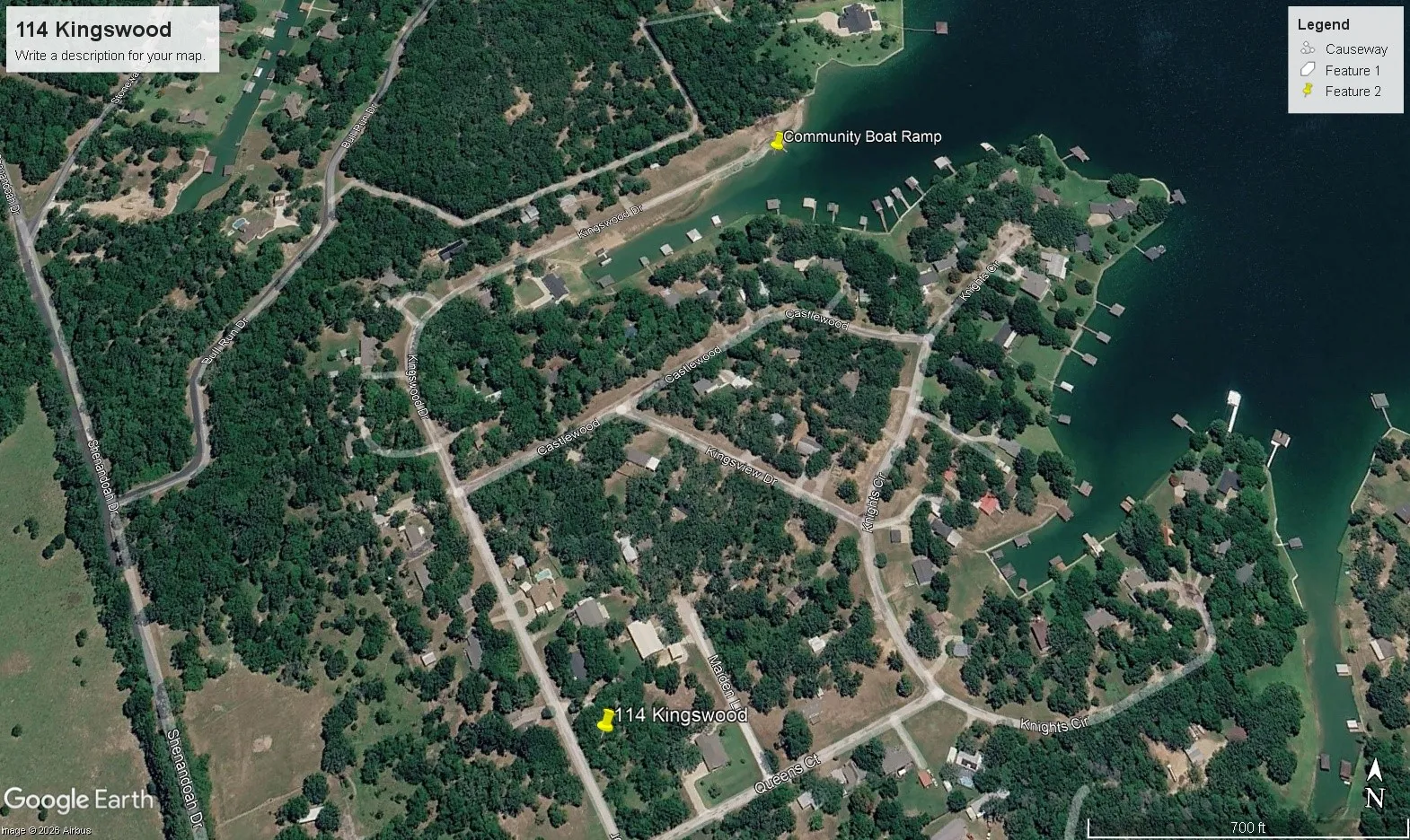 Aerial View (Satellite Imagery). Depicting the property's location and location of the subdivision boat ramp.