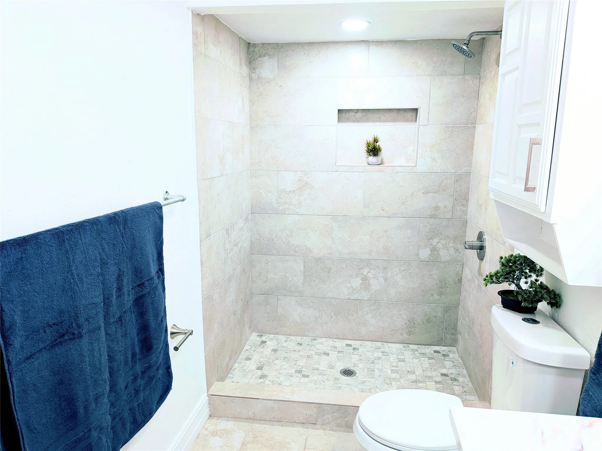 Walk-in shower with large format wall tiling, mosaic floor tiling, and a recessed niche