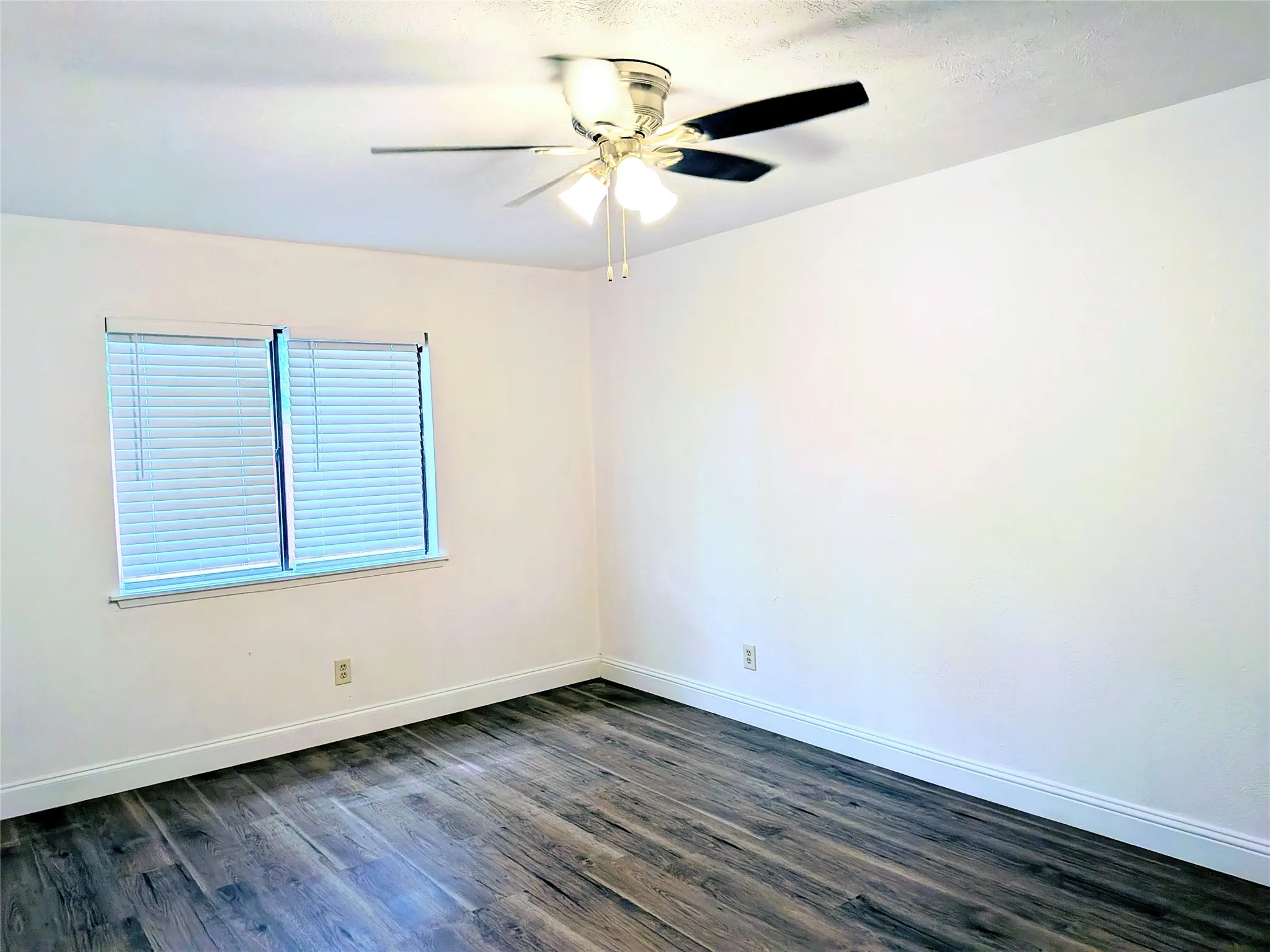 Wood-finish flooring, white baseboards, and a dual-pane window with horizontal blinds