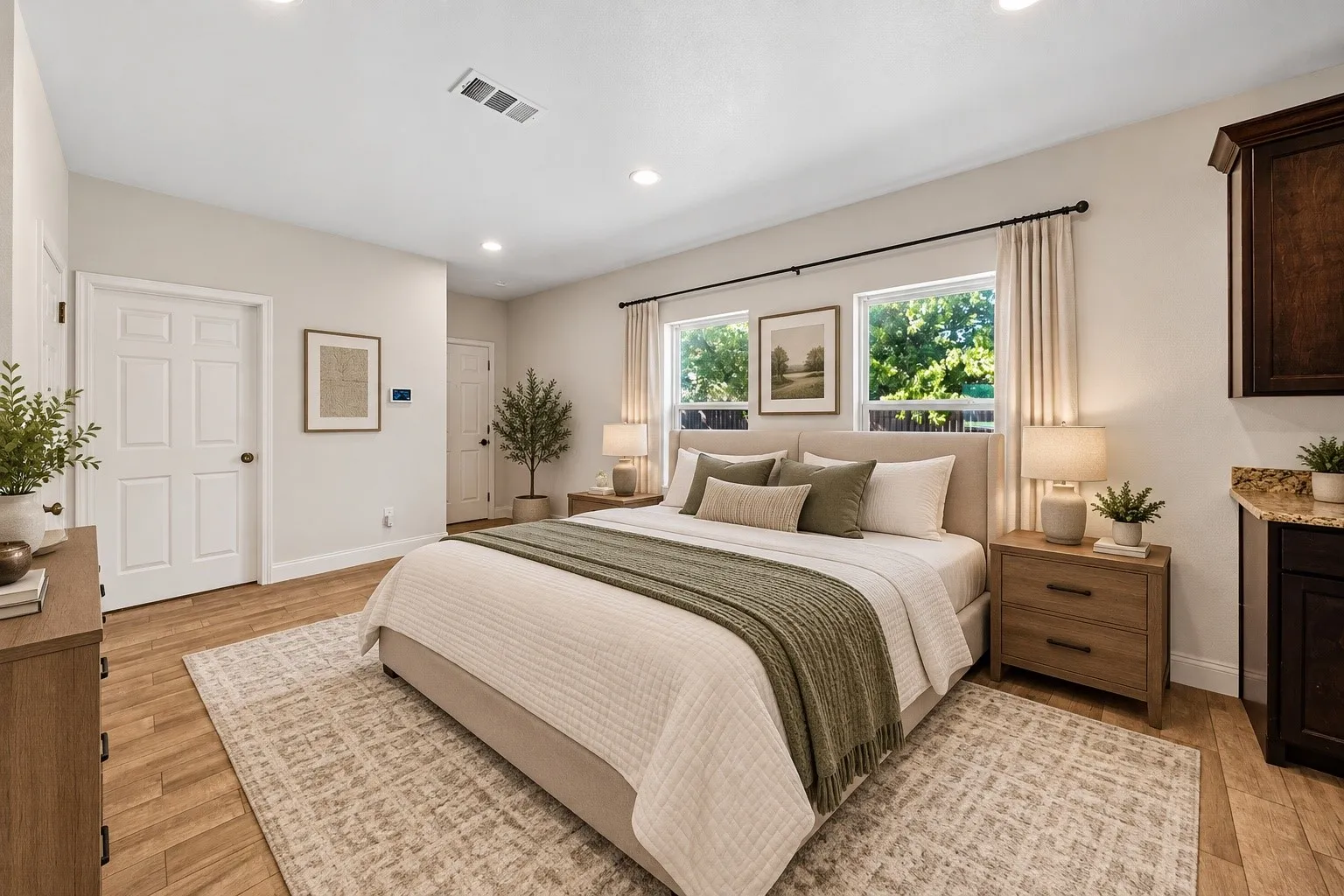 Recessed lighting, wood-finish flooring, multiple windows with drapes, built-in cabinetry with stone countertop