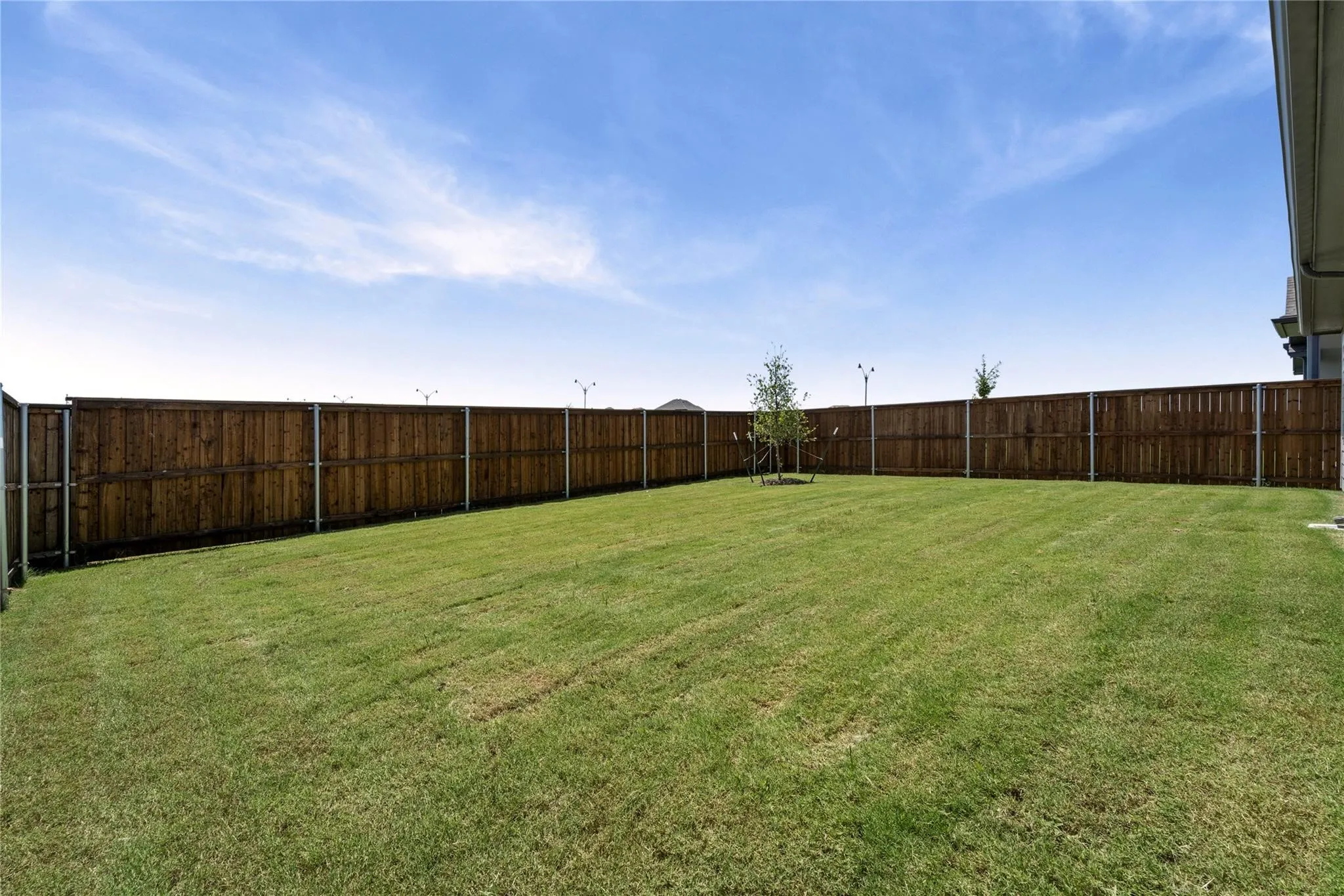 Expansive backyard featuring a manicured lawn, full perimeter wood fencing, and a young tree