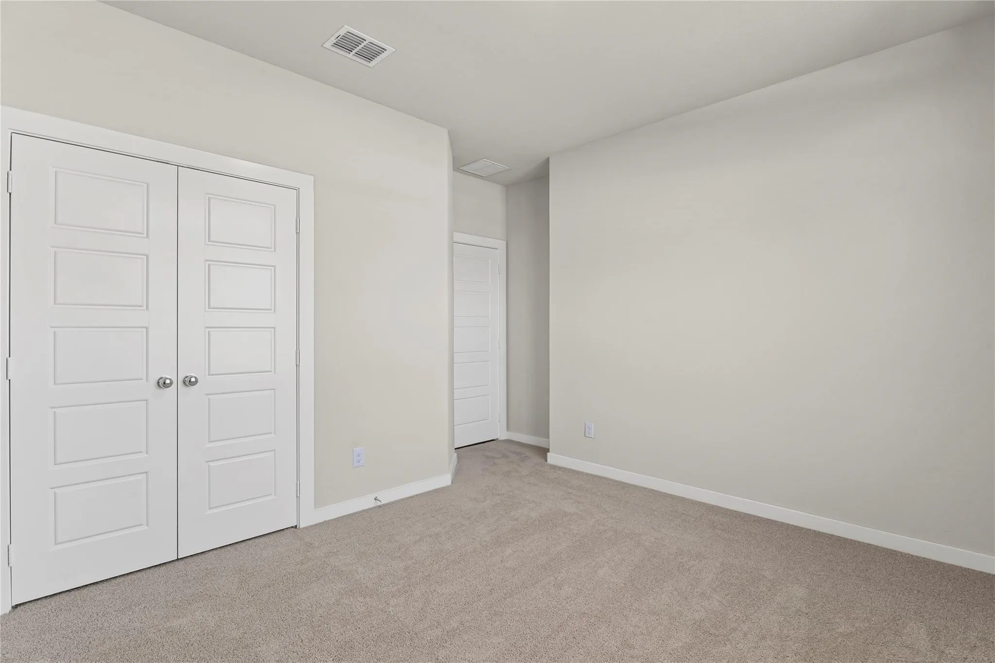 Neutral wall color, light-toned carpeting, white trim, and white paneled doors