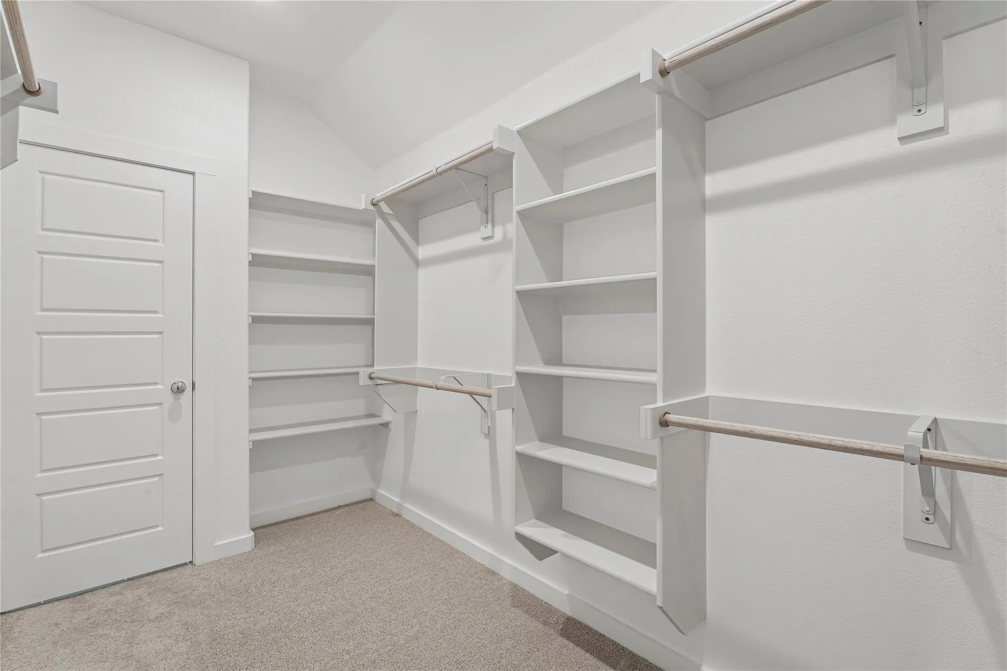 Built-in shelving, hanging rods, carpet flooring, and a five-panel interior door