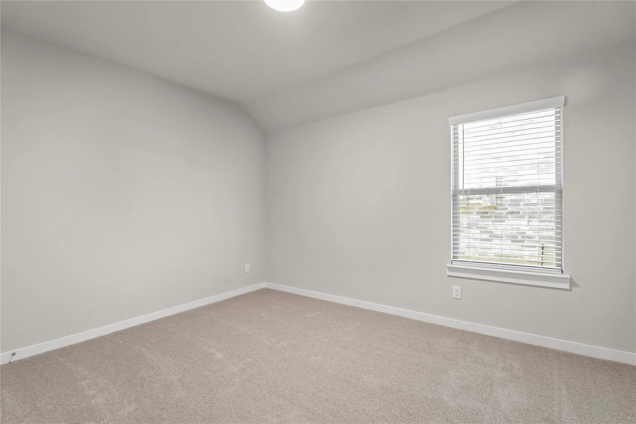Neutral-toned carpeting, white walls, and a single window with blinds