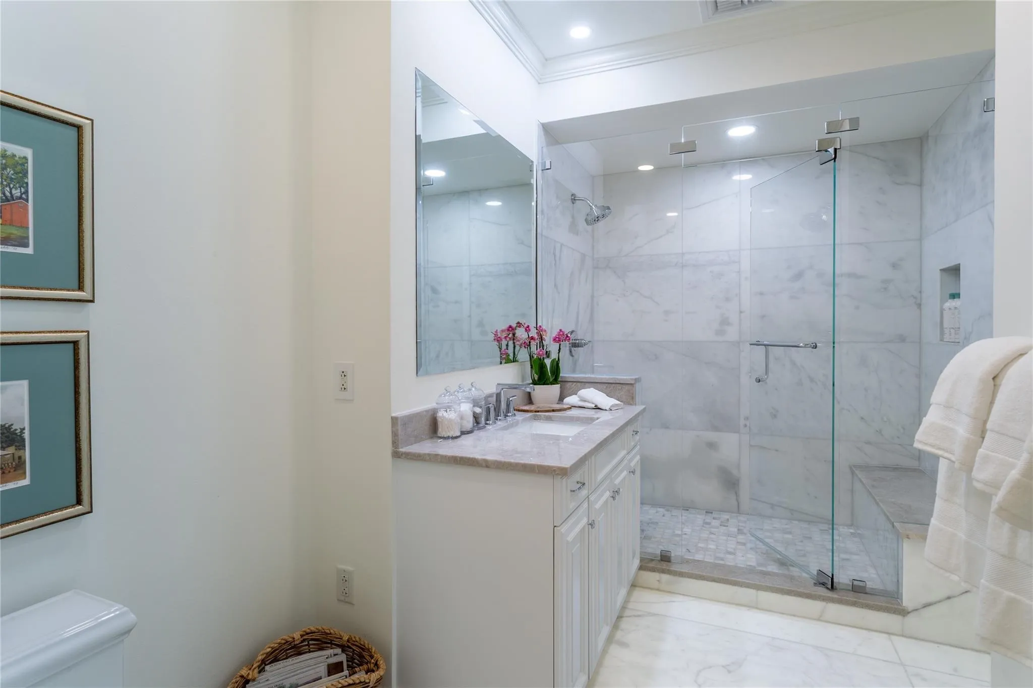 Marble Guest Bath with low curb shower