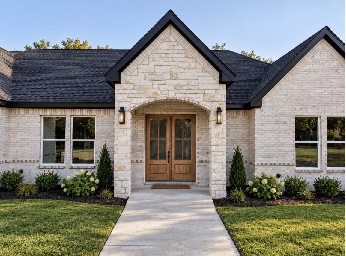 Stone and brick exterior with dark shingle roofing, an arched entryway, and double wood-panel doors