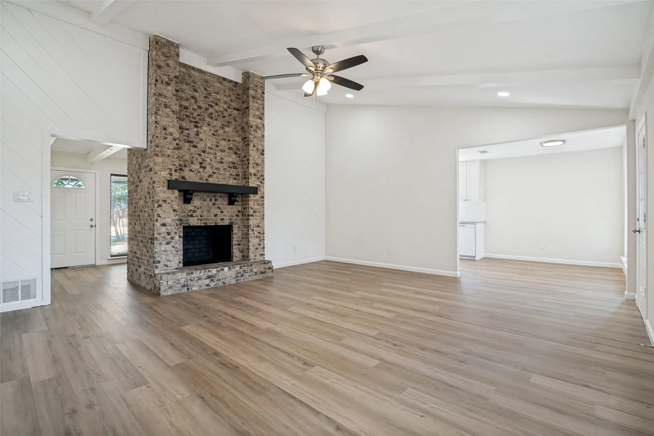 Brick, woodburing fireplace