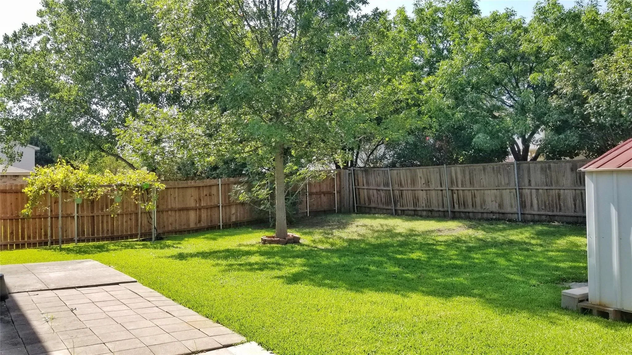 Expansive backyard featuring a manicured lawn, mature trees, wood privacy fencing, and a paved patio area