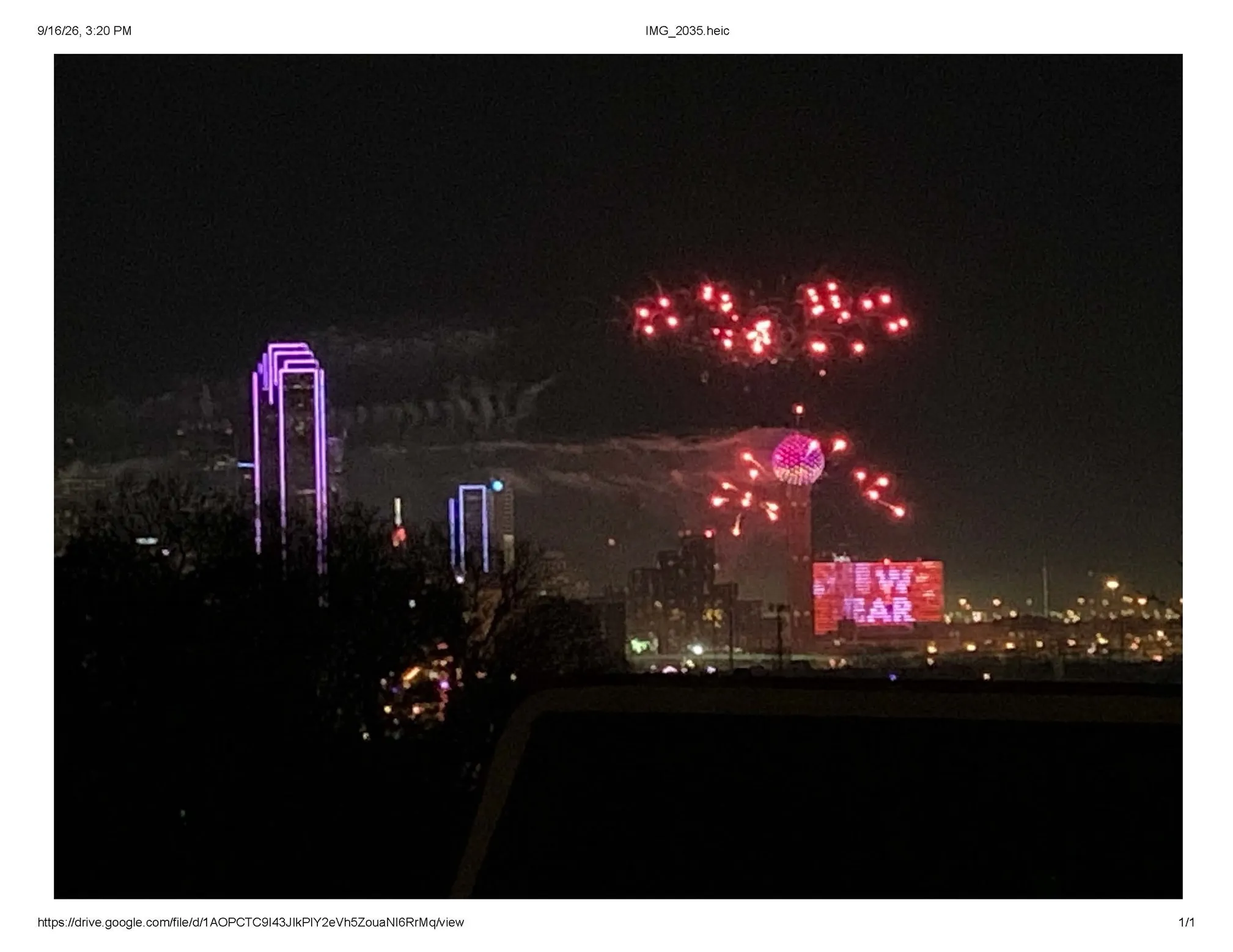 View of Reunion Tower fireworks from the neighborhood