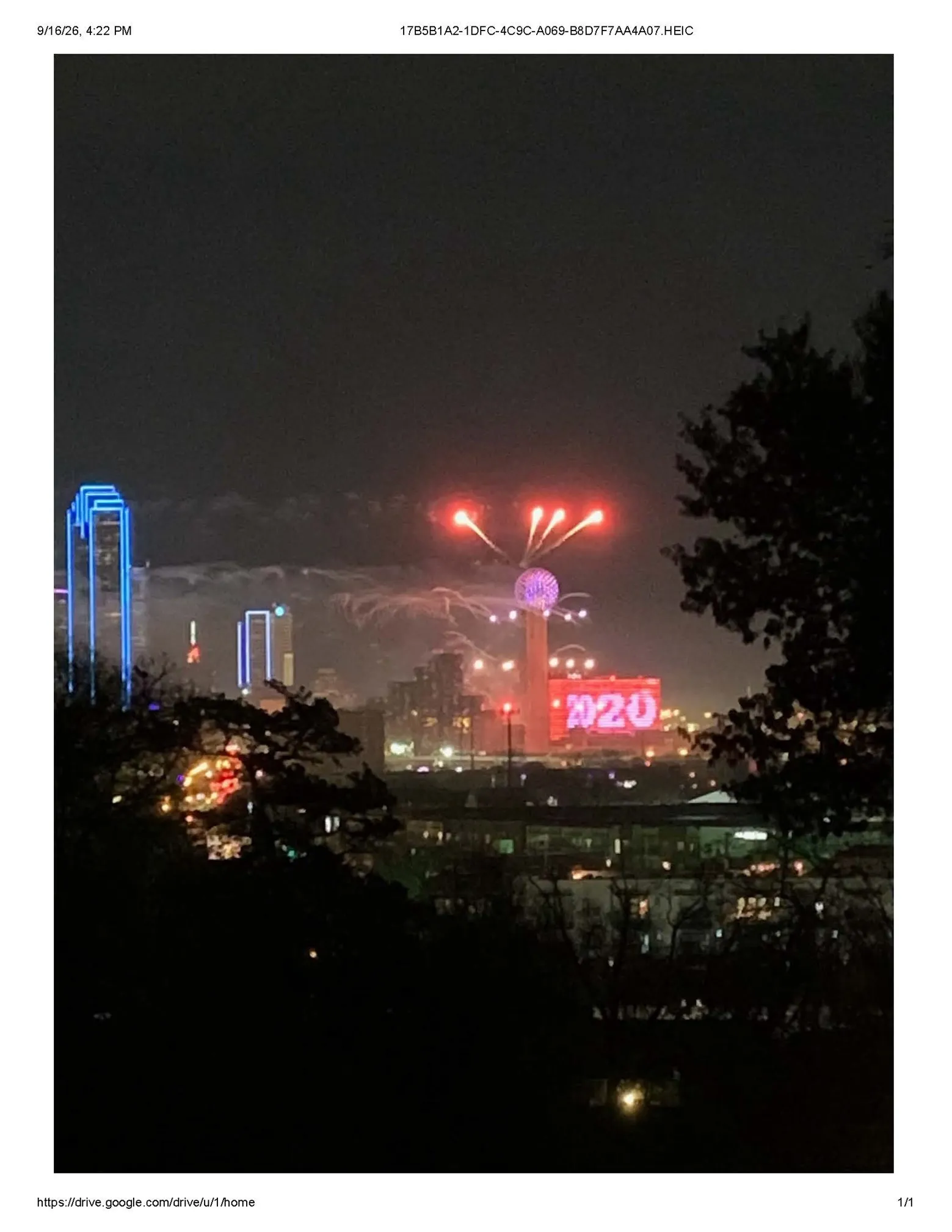 View of Reunion Tower fireworks from the neighborhood