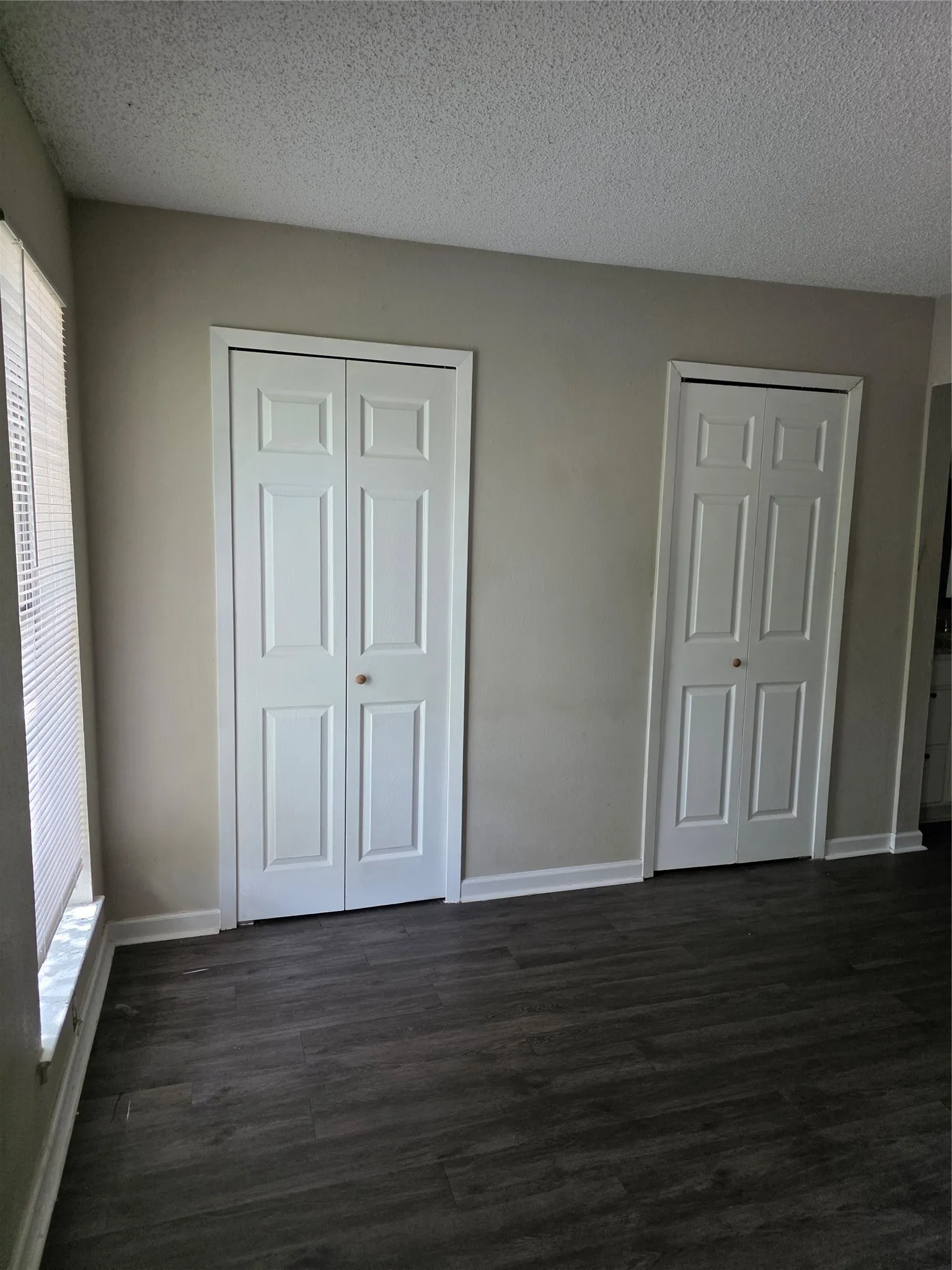 Wood-finish flooring, two bi-fold panel doors, white window blinds, and white trim accents