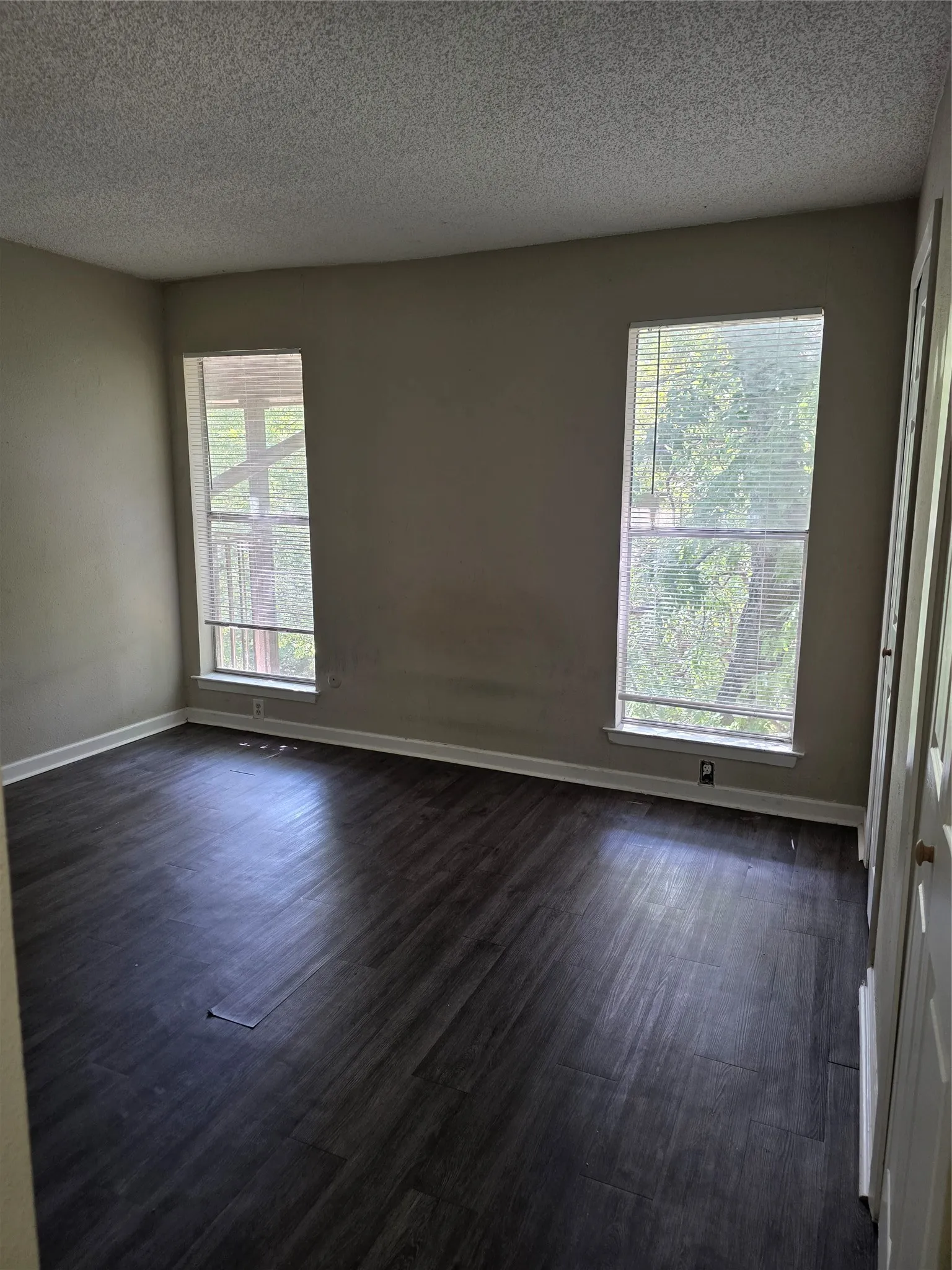 Wood-finish flooring with dual windows and neutral wall tones