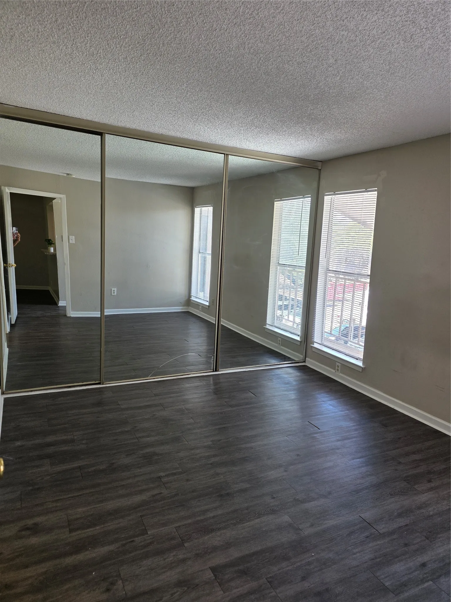 Wood-finish flooring, mirrored sliding closet doors, and multiple windows with blinds