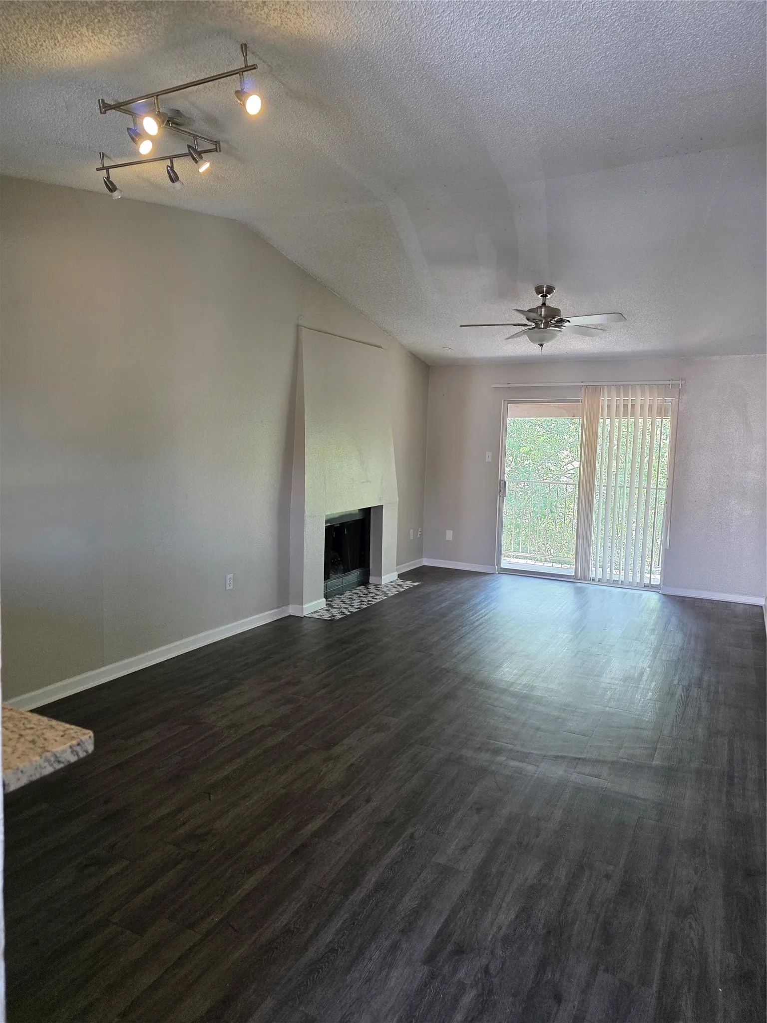 Wood-finish flooring throughout, vaulted ceiling, built-in fireplace, track lighting, and a sliding glass door