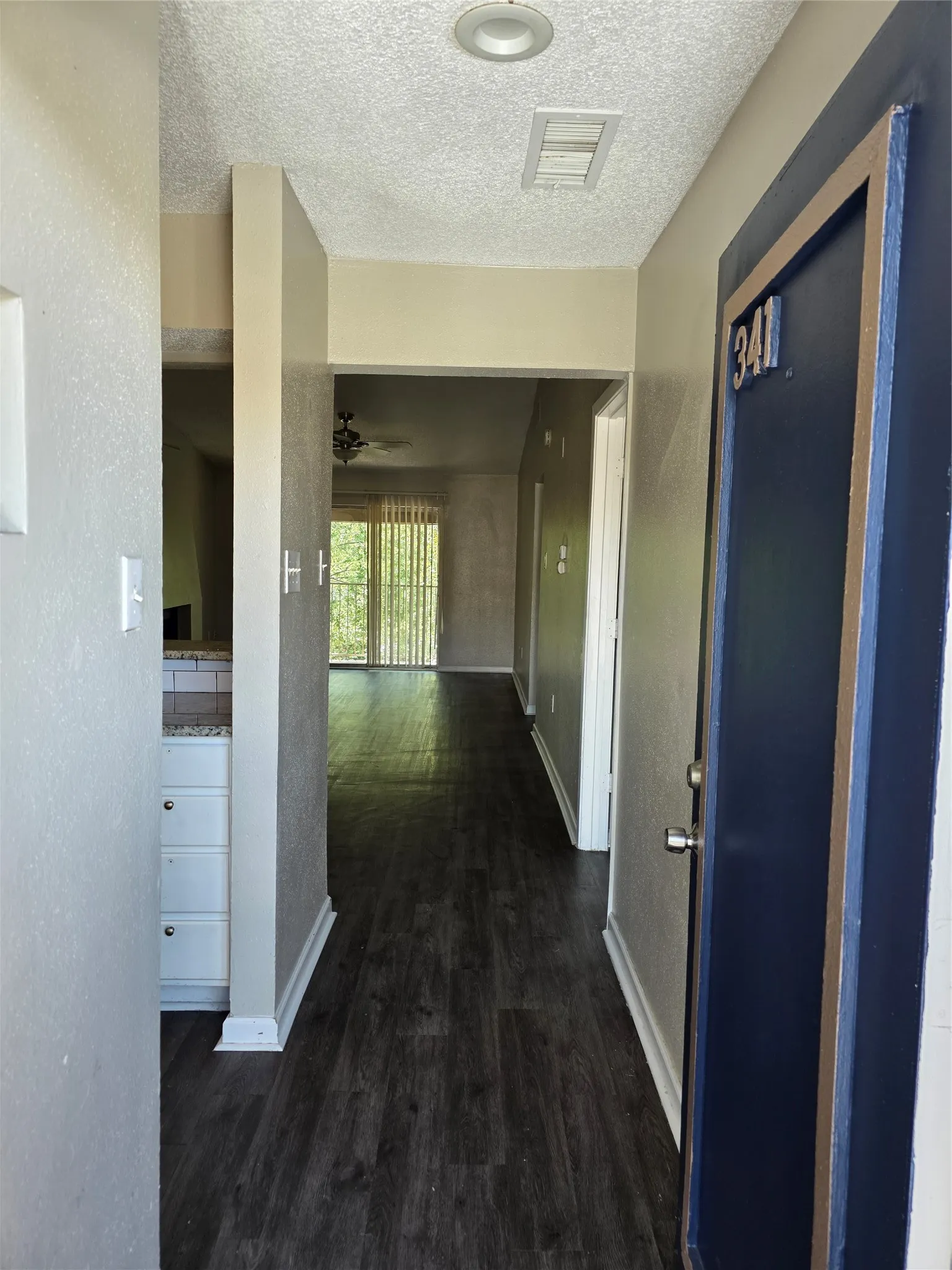 Dark wood-finish flooring extending through the hallway