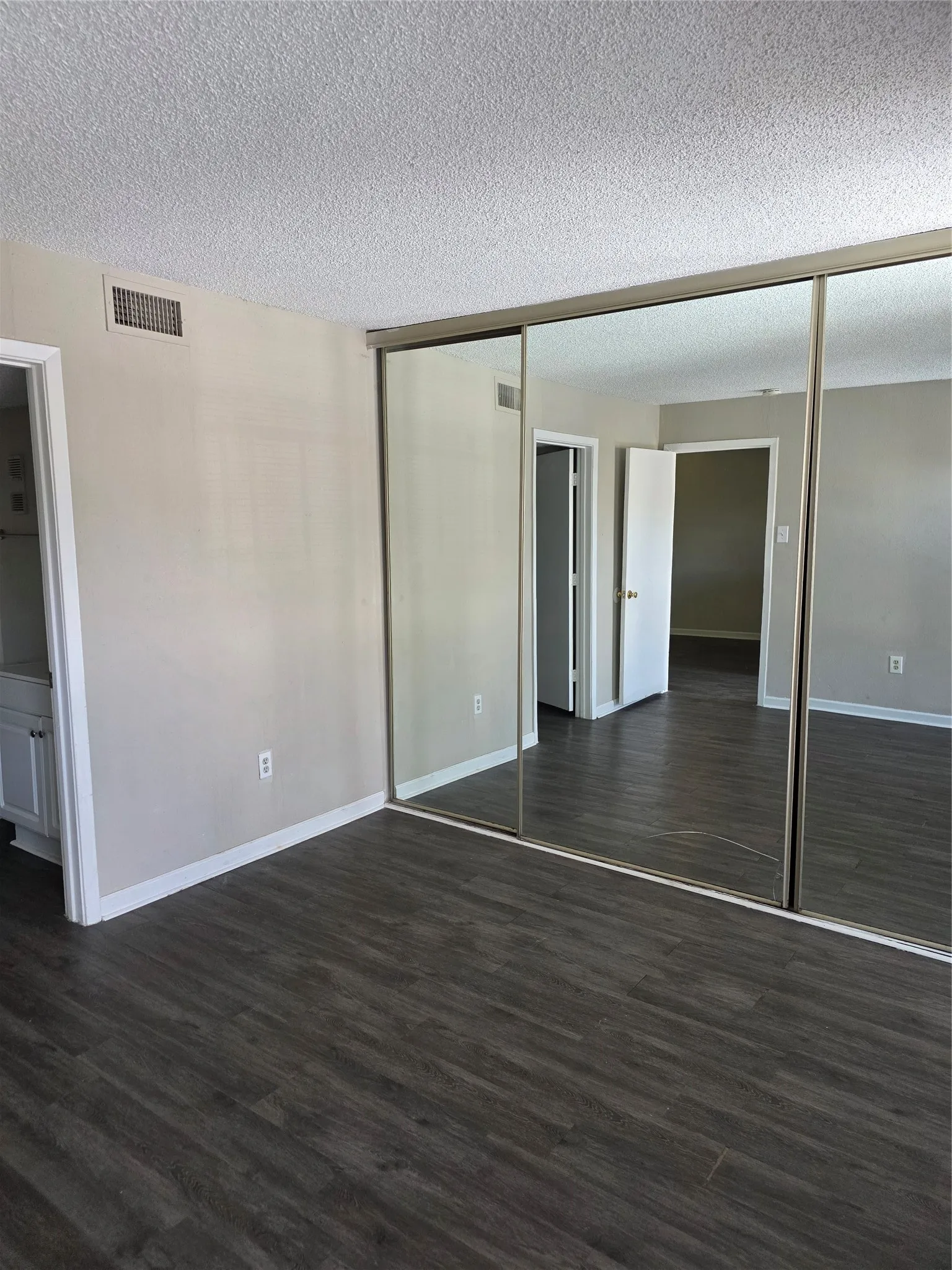 Dark wood-finish flooring, mirrored closet doors, and light-colored walls