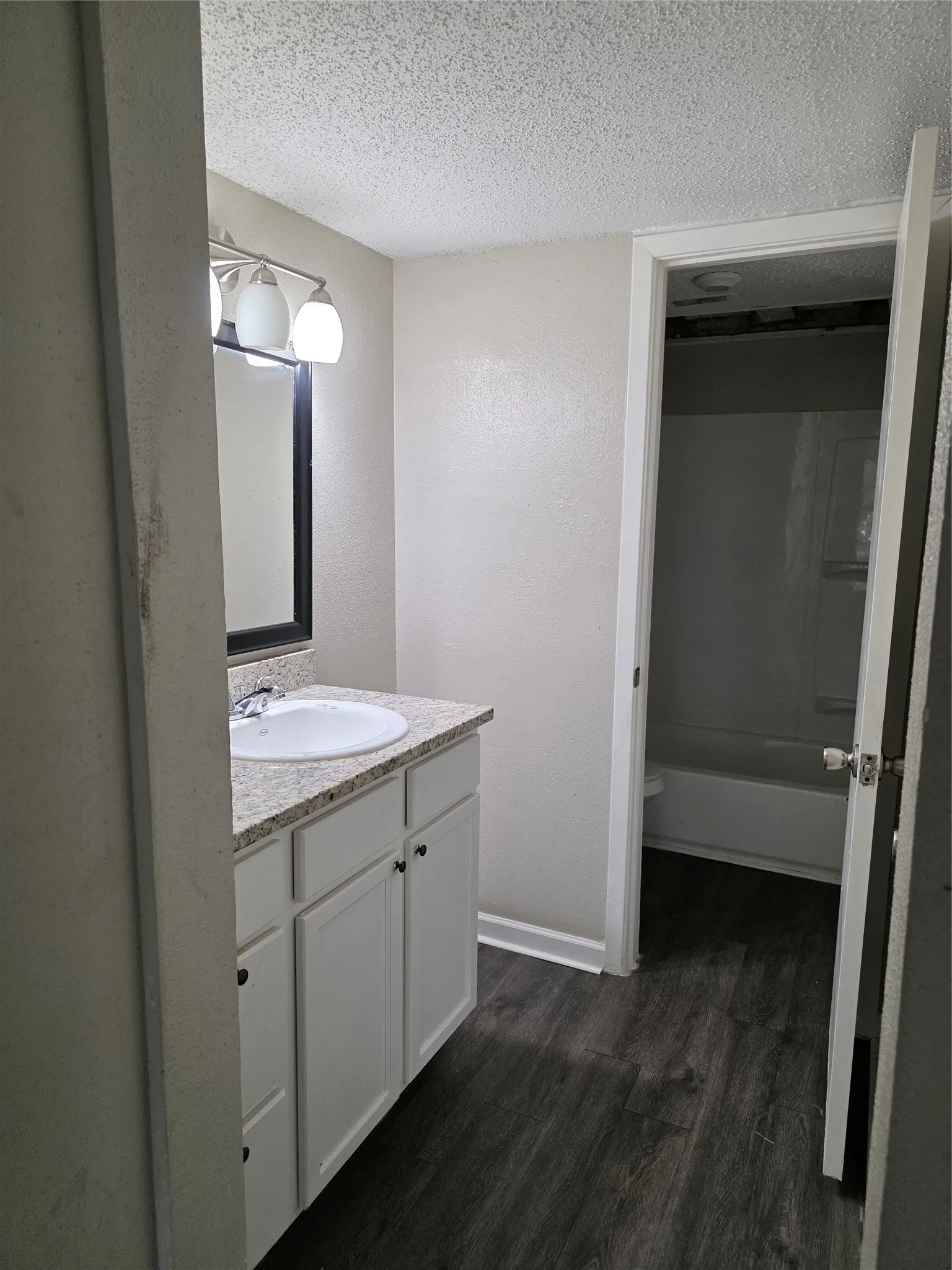 Bathroom featuring a white vanity with panel cabinetry, a light-colored speckled countertop, an undermount sink, and wood-finish flooring