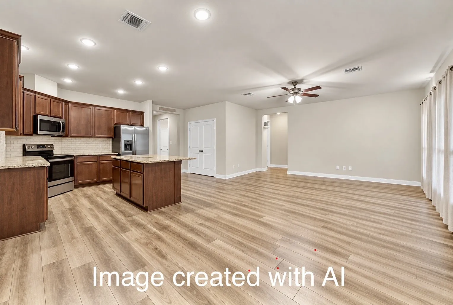 Open-concept living area with wood-finish flooring, recessed lighting, and a ceiling fan