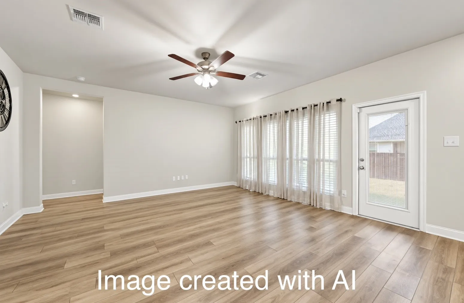 Wood-finish flooring throughout, multiple windows with blinds, built-in ceiling fan with light, recessed lighting in alcove, and a glass-paneled exterior door