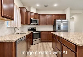 Kitchen with wood-finish cabinetry, light-toned countertops, and a white subway tile backsplash