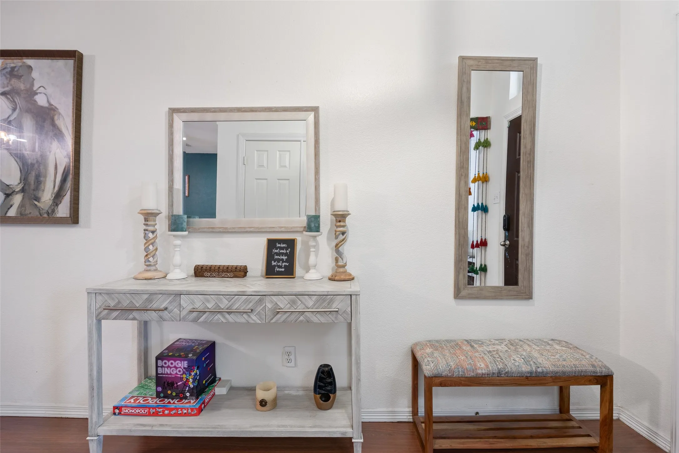 Wood-finish flooring with white wall paint