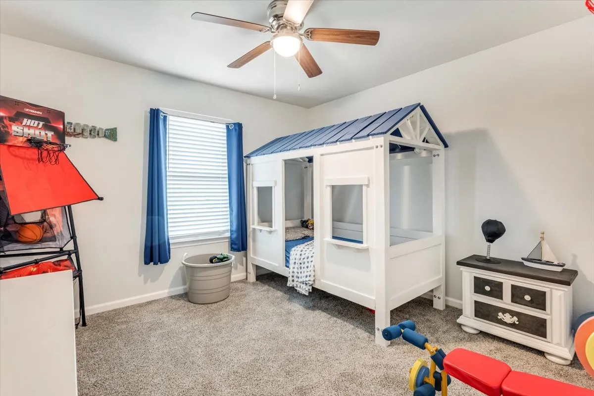 Carpeted room featuring a ceiling fan with integrated lighting, a window with horizontal blinds and drapery, and a white and blue built-in bed frame