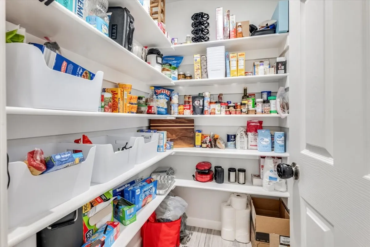 Walk-in pantry with extensive built-in shelving, white panel door, and dark hardware