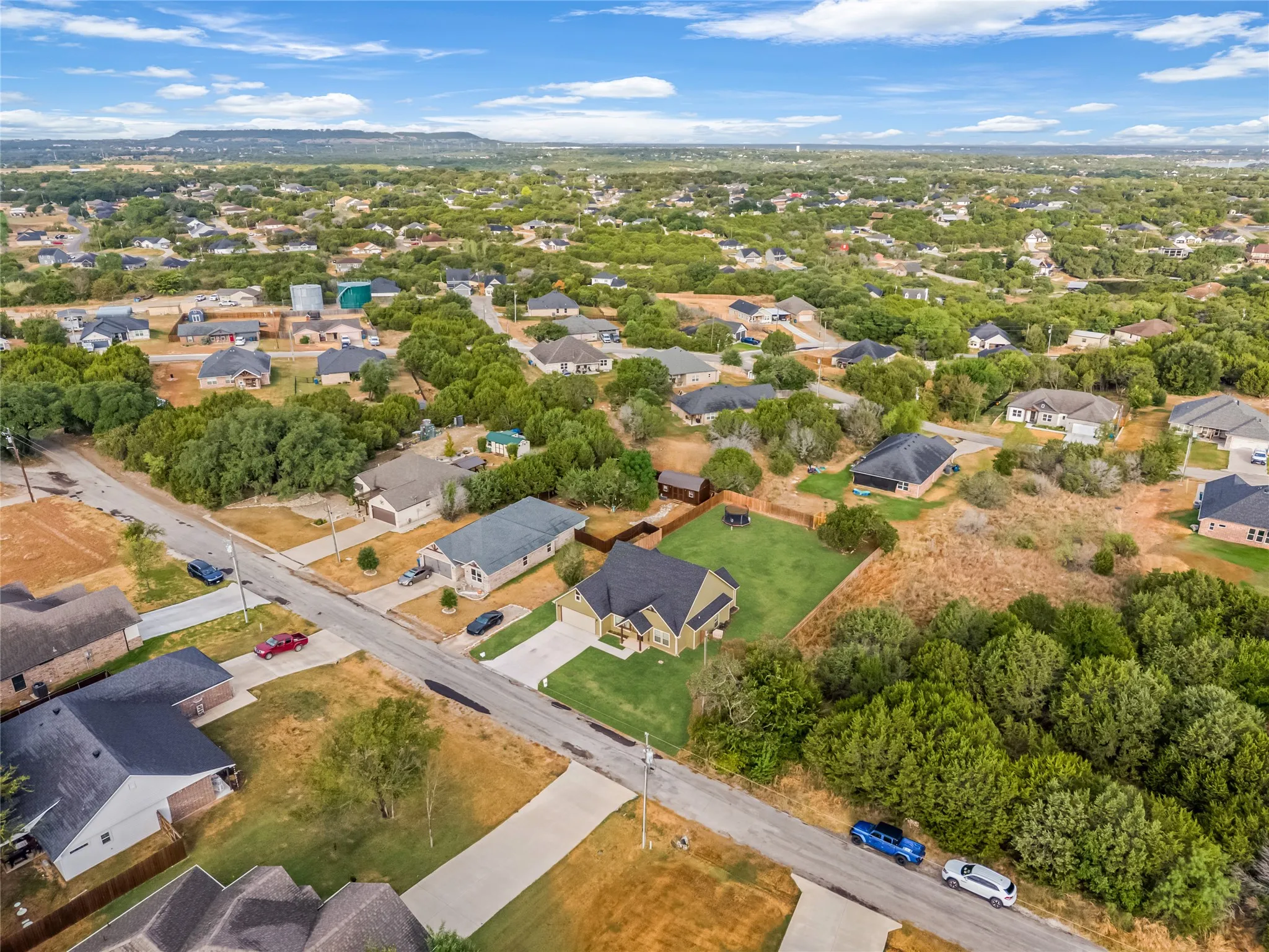 Aerial perspective showcasing residential properties, paved roads, and abundant mature trees