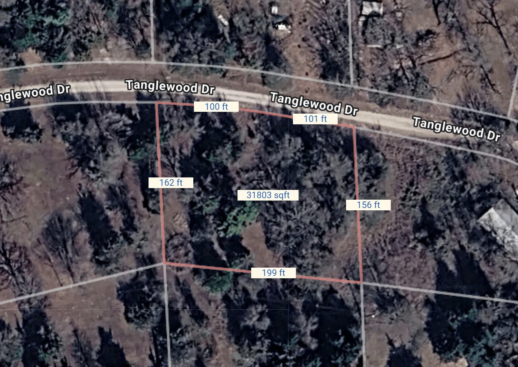 Property Survey. Displaying the boundaries and approximate dimensions of the property, including frontage along Tanglewood Dr and total square footage