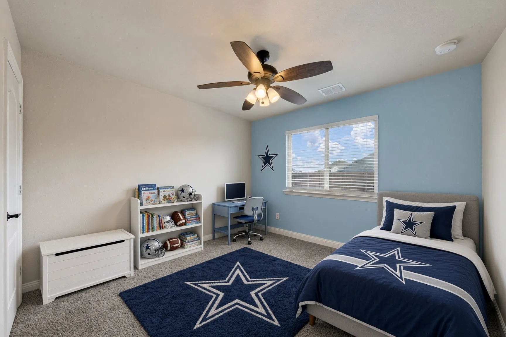 Carpeted room featuring a ceiling fan with integrated lighting, a window with horizontal blinds, and a built-in closet with a white panel door