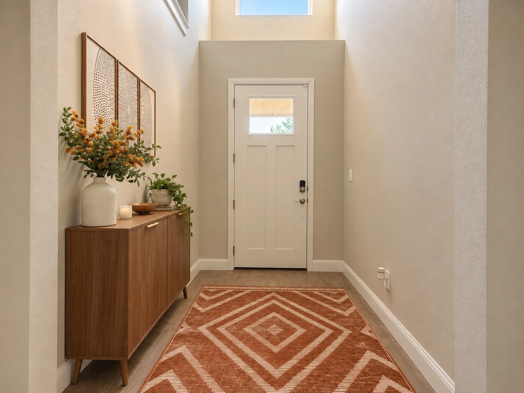Entryway featuring a vaulted ceiling and a transom window