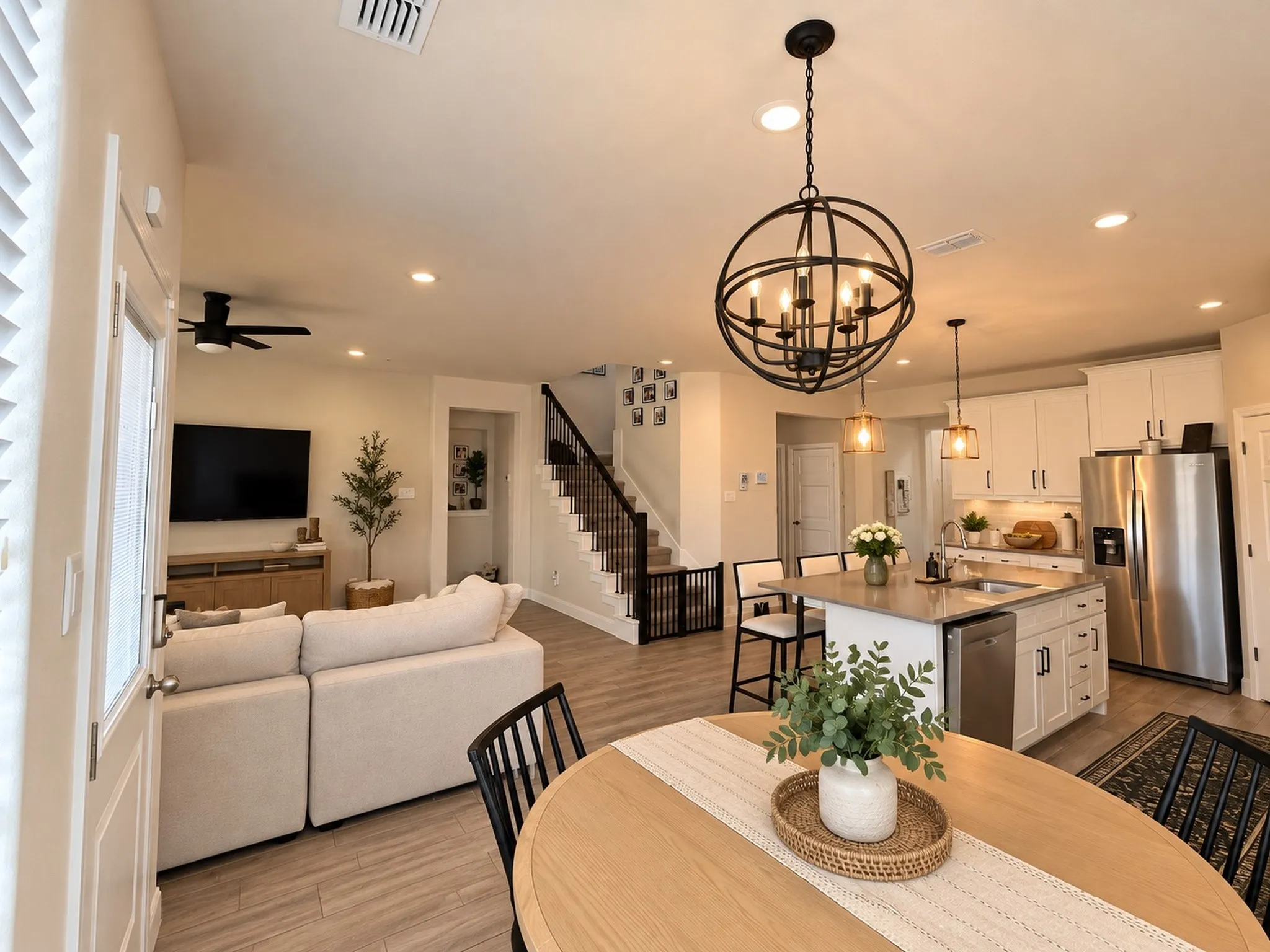 Open-concept living space featuring wood-finish flooring, recessed lighting, a modern kitchen island with seating, stainless steel appliances, and a staircase with dark railings