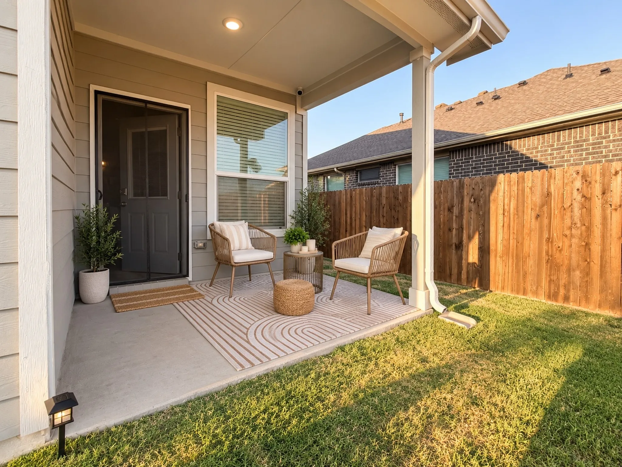 Covered patio with concrete flooring, recessed lighting, and a privacy fence