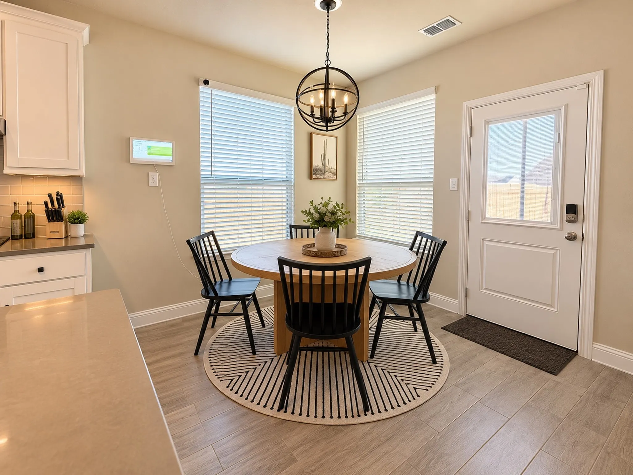 Kitchen area featuring light-colored cabinetry, backsplash, and a neutral countertop
