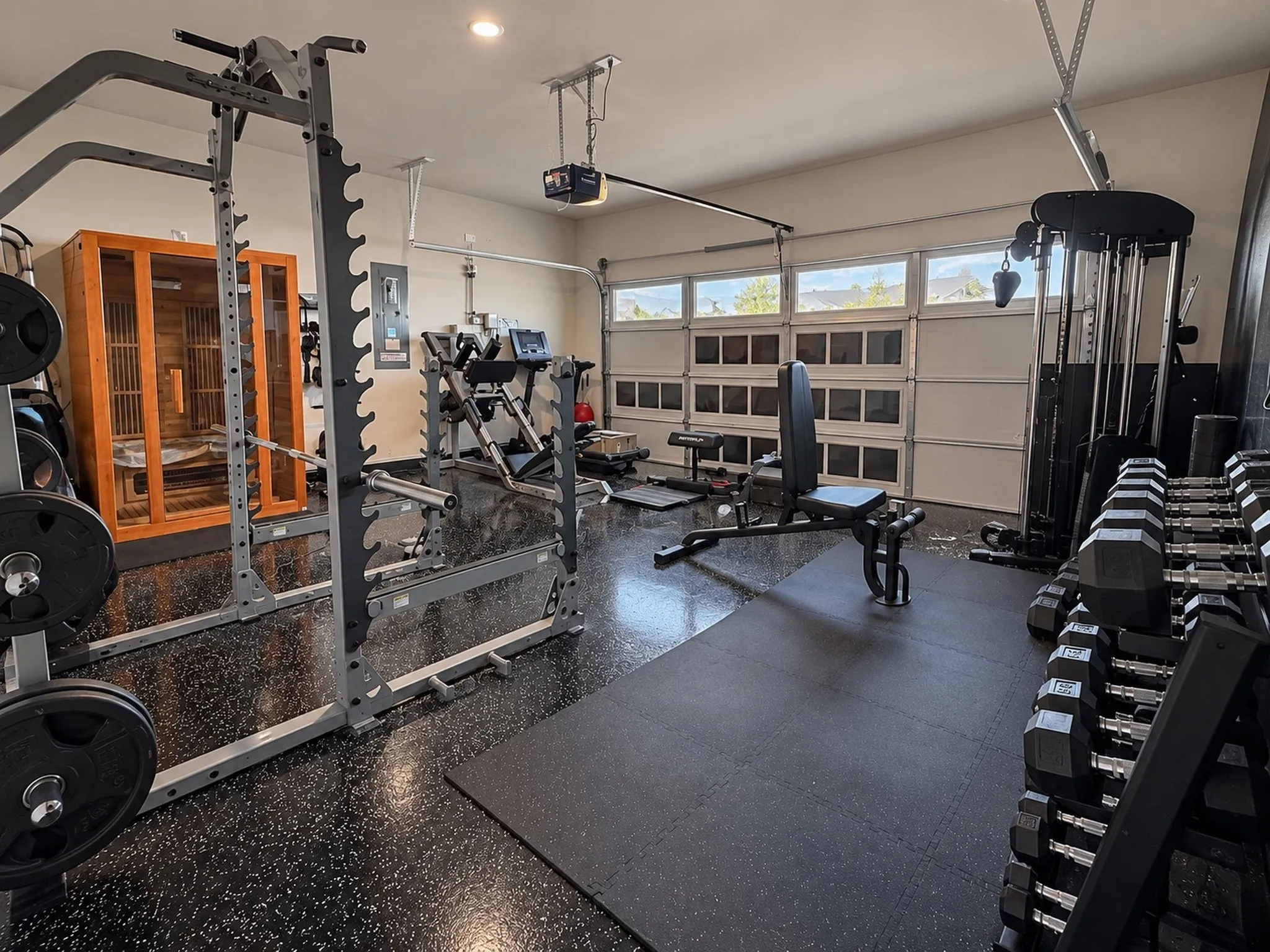 Dedicated fitness space featuring a wood-paneled sauna, durable rubber flooring, and overhead lighting